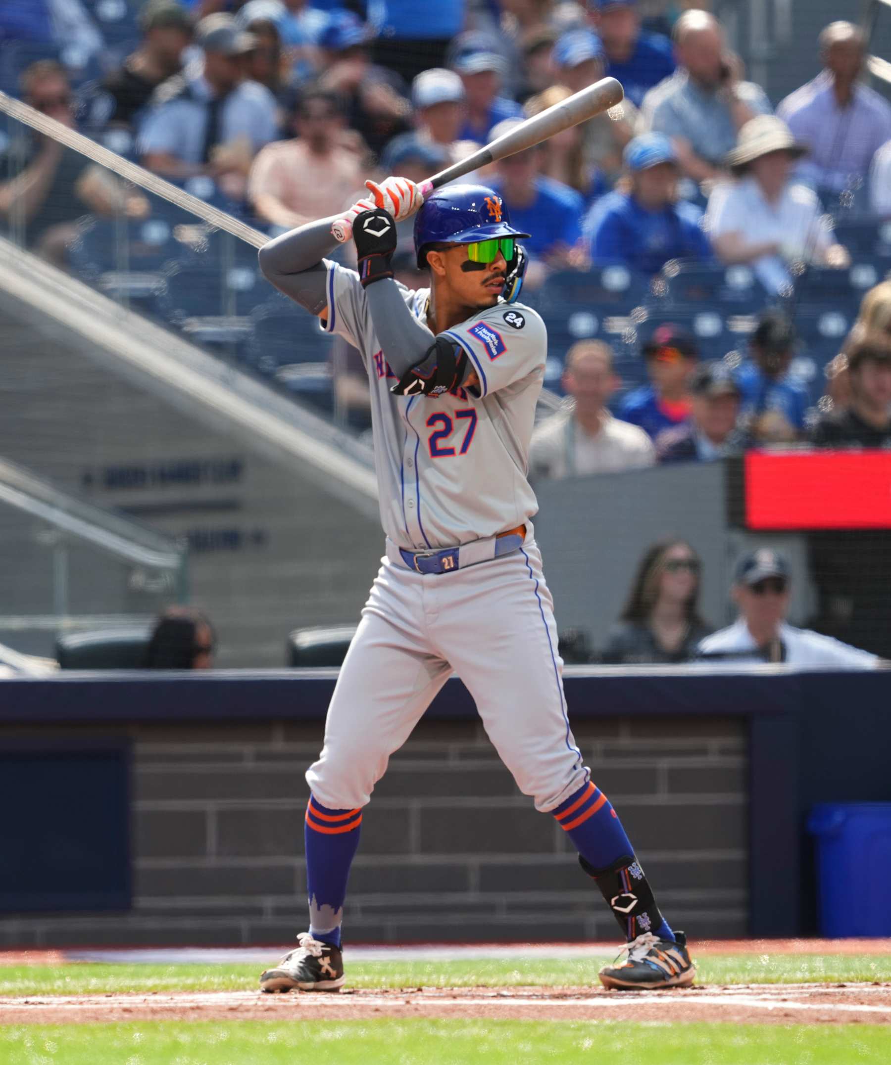 TORONTO, ON - SEPTEMBER 11: Mark Vientos #27 of the New York Mets takes an at bat against the Toronto Blue Jays during the first inning in their MLB game at the Rogers Centre on September 11, 2024 in Toronto, Ontario, Canada. (Photo by Mark Blinch/Getty Images)