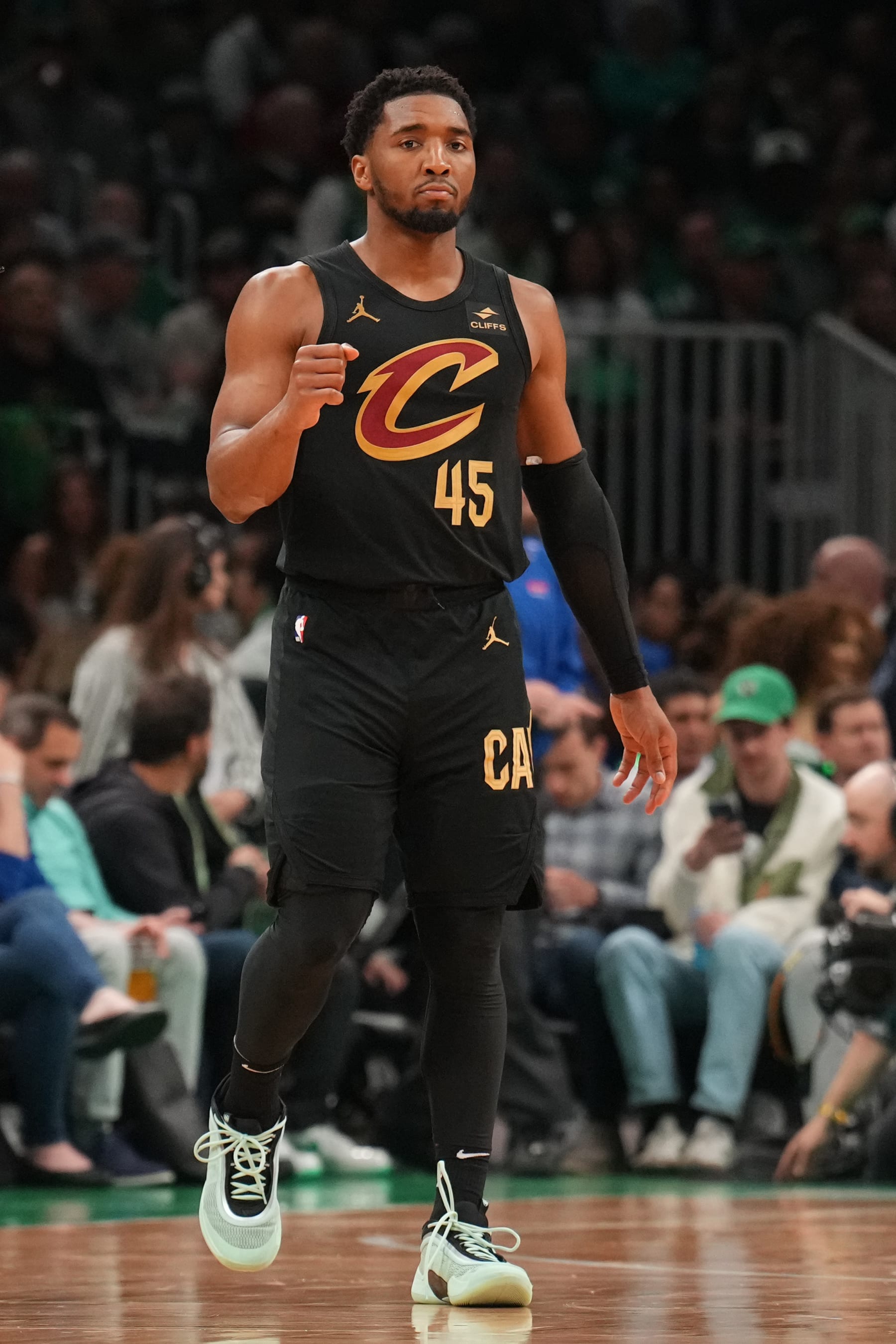 BOSTON, MA - MAY 9: Donovan Mitchell #45 of the Cleveland Cavaliers celebrates during the game against the Boston Celtics during Round 2 Game 2 of the 2024 NBA Playoffs on May 9, 2024 at the TD Garden in Boston, Massachusetts. NOTE TO USER: User expressly acknowledges and agrees that, by downloading and or using this photograph, User is consenting to the terms and conditions of the Getty Images License Agreement. Mandatory Copyright Notice: Copyright 2024 NBAE  (Photo by Jesse D. Garrabrant/NBAE via Getty Images)