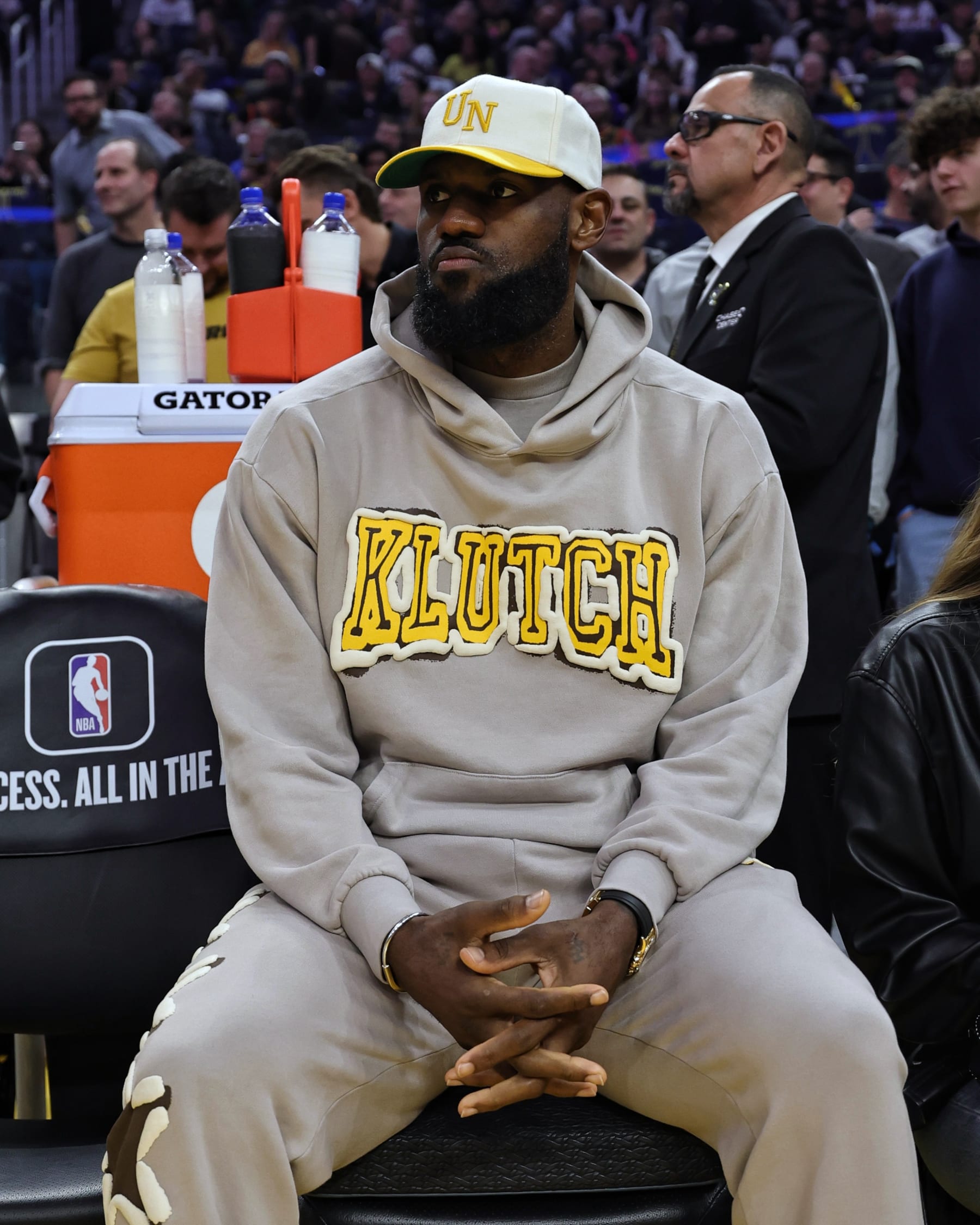 SAN FRANCISCO, CA - FEBRUARY 22:  LeBron James #23 of the Los Angeles Lakers looks on before the game on February 22, 2024 at Chase Center in San Francisco, California. NOTE TO USER: User expressly acknowledges and agrees that, by downloading and or using this photograph, user is consenting to the terms and conditions of Getty Images License Agreement. Mandatory Copyright Notice: Copyright 2024 NBAE (Photo by Jim Poorten/NBAE via Getty Images)