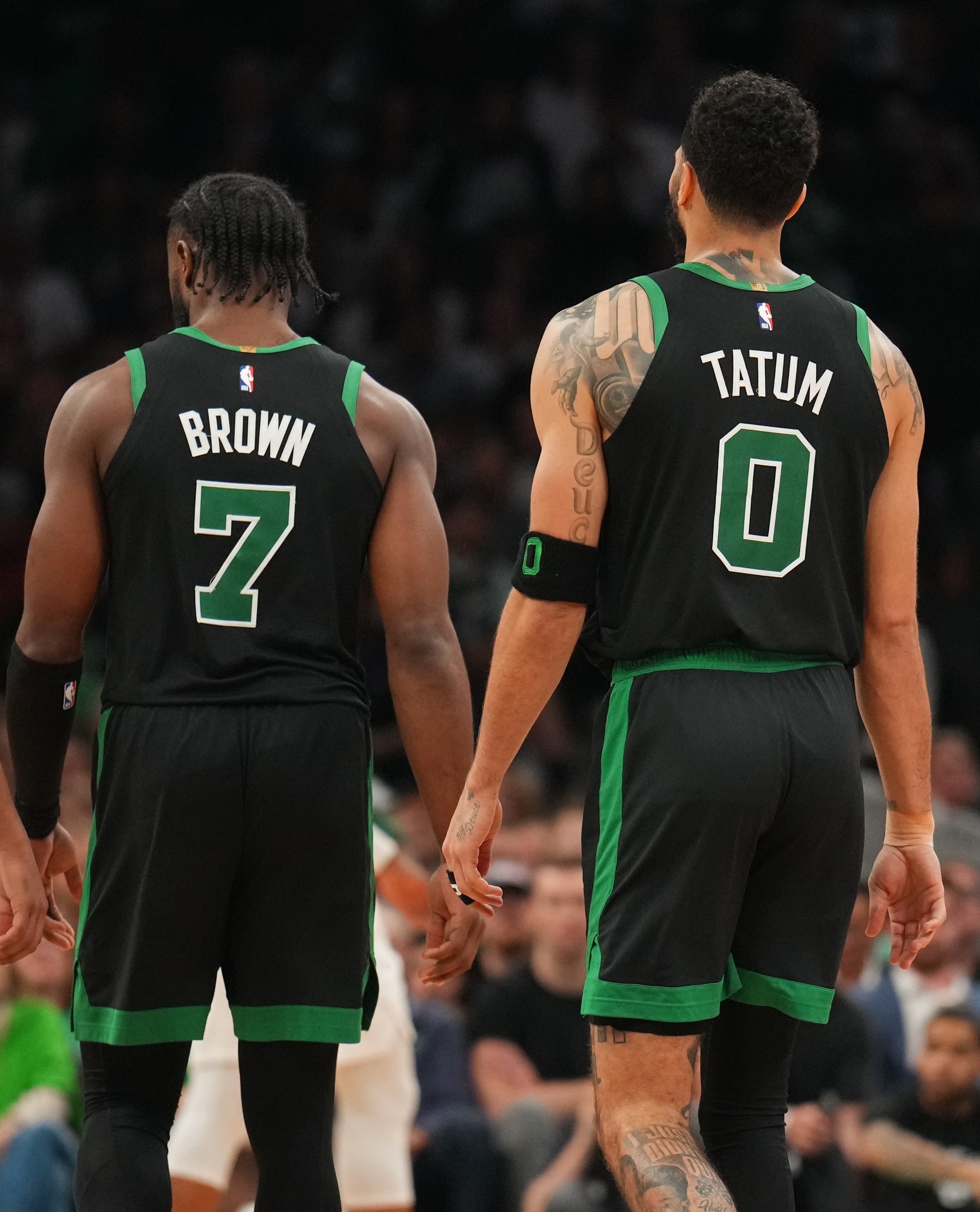 BOSTON, MA - MAY 15: Jayson Tatum #0 and Jaylen Brown #7 of the Boston Celtics look on during the game against the Cleveland Cavaliers during Round 2 Game 5 of the 2024 NBA Playoffs on May 15, 2024 at the TD Garden in Boston, Massachusetts. NOTE TO USER: User expressly acknowledges and agrees that, by downloading and or using this photograph, User is consenting to the terms and conditions of the Getty Images License Agreement. Mandatory Copyright Notice: Copyright 2024 NBAE  (Photo by Jesse D. Garrabrant/NBAE via Getty Images)