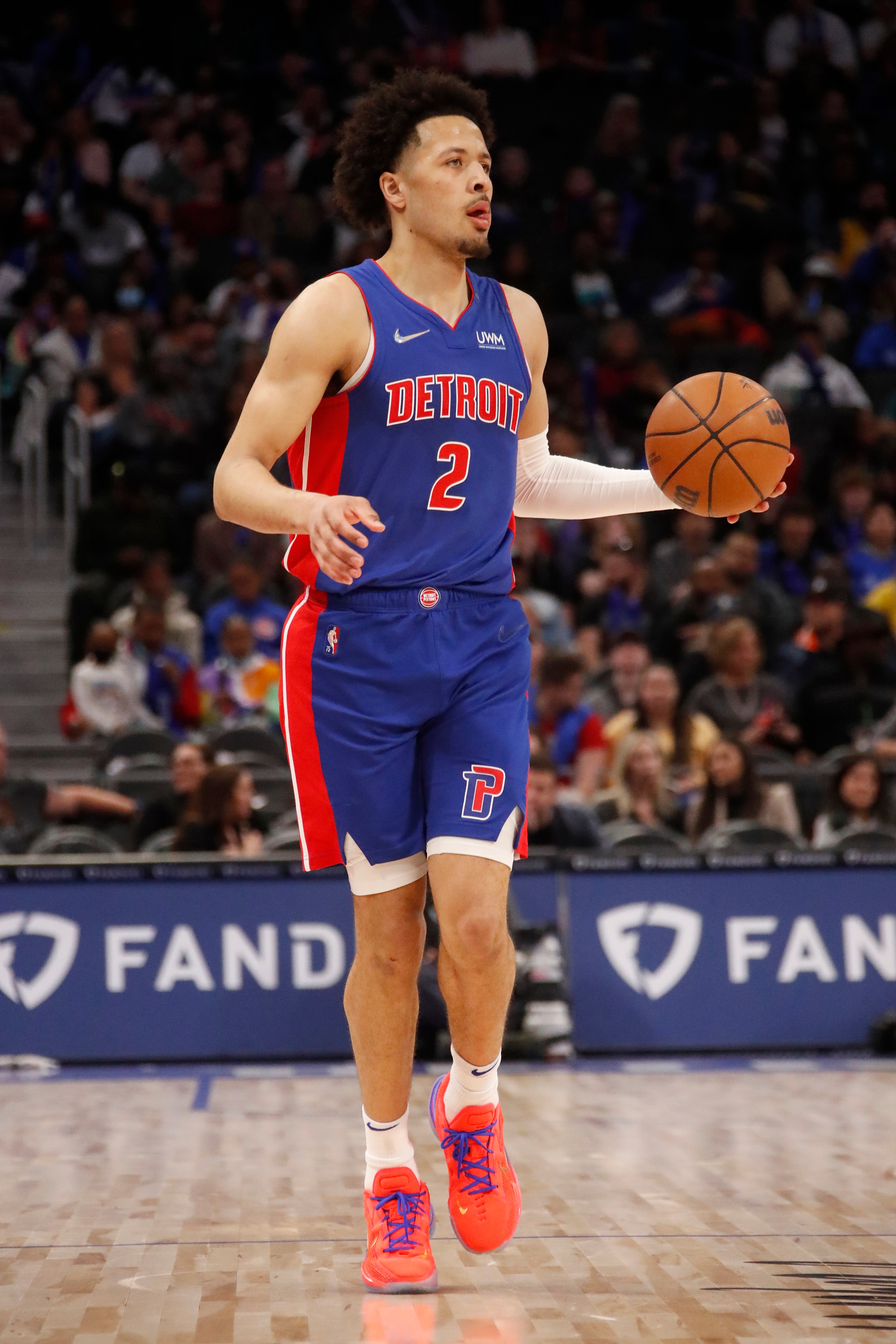 DETROIT, MI - APRIL 8: Cade Cunningham #2 of the Detroit Pistons handles the ball during the game against the Milwaukee Bucks on April 8, 2022 at Little Caesars Arena in Detroit, Michigan. NOTE TO USER: User expressly acknowledges and agrees that, by downloading and/or using this photograph, User is consenting to the terms and conditions of the Getty Images License Agreement. Mandatory Copyright Notice: Copyright 2022 NBAE (Photo by Brian Sevald/NBAE via Getty Images)