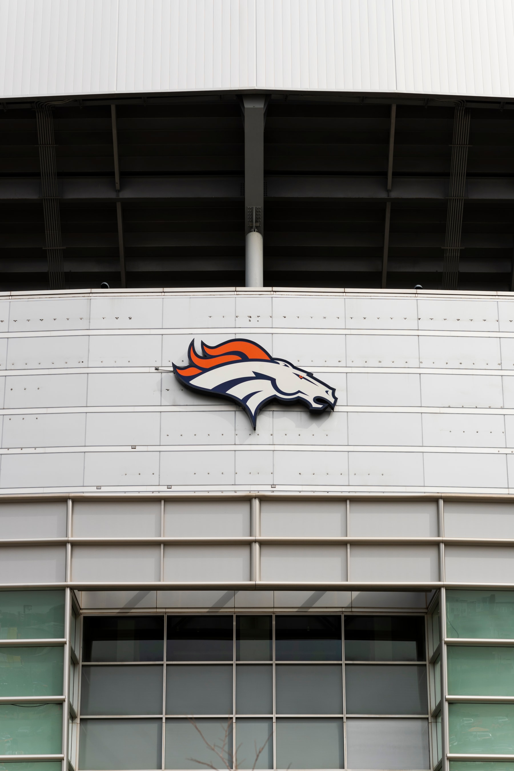 DENVER, CO - OCTOBER 01: General view of the Denver Broncos logo on the side of Broncos Stadium at Mile High before the NFL regular season football game against the Kansas City Chiefs and the Denver Broncos on October 01, 2018, at Broncos Stadium at Mile High in Denver, CO.  (Photo by Ric Tapia/Icon Sportswire via Getty Images)