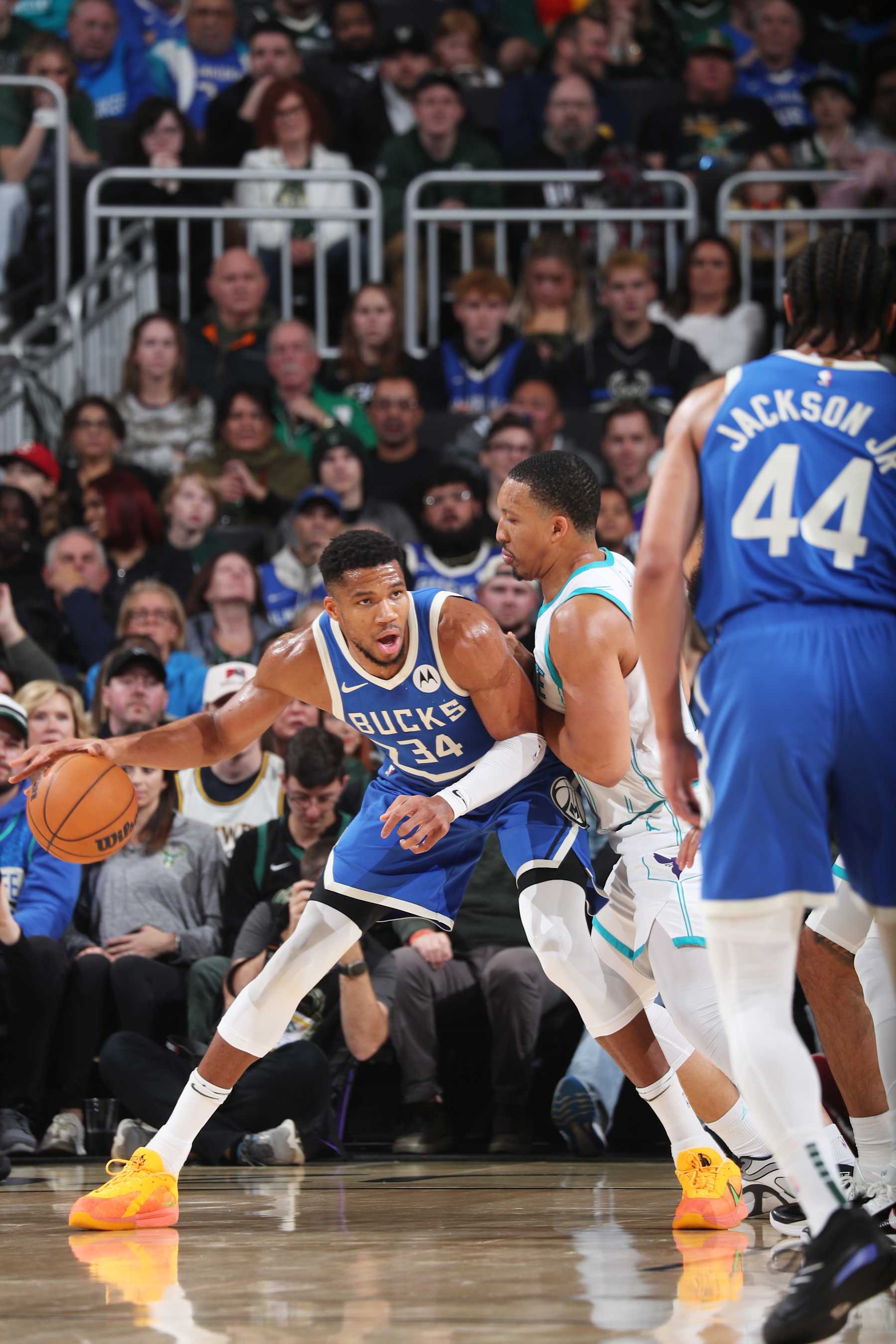 MILWAUKEE, WI - NOVEMBER 23: Giannis Antetokounmpo #34 of the Milwaukee Bucks dribbles the ball during the game against the Charlotte Hornets on November 23, 2024 at the Fiserv Forum Center in Milwaukee, Wisconsin. NOTE TO USER: User expressly acknowledges and agrees that, by downloading and or using this Photograph, user is consenting to the terms and conditions of the Getty Images License Agreement. Mandatory Copyright Notice: Copyright 2024 NBAE (Photo by Gary Dineen/NBAE via Getty Images).