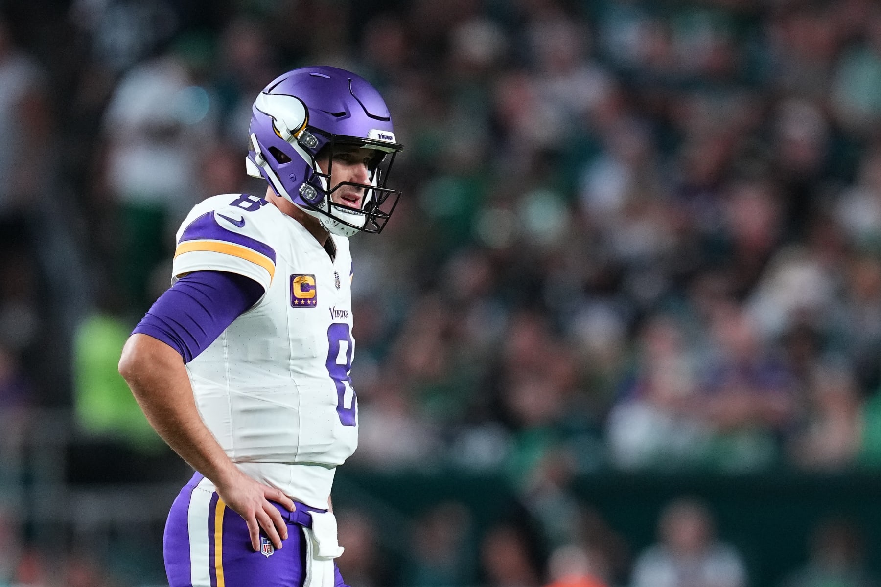 PHILADELPHIA, PENNSYLVANIA - SEPTEMBER 14: Kirk Cousins #8 of the Minnesota Vikings looks on against the Philadelphia Eagles at Lincoln Financial Field on September 14, 2023 in Philadelphia, Pennsylvania. (Photo by Mitchell Leff/Getty Images)