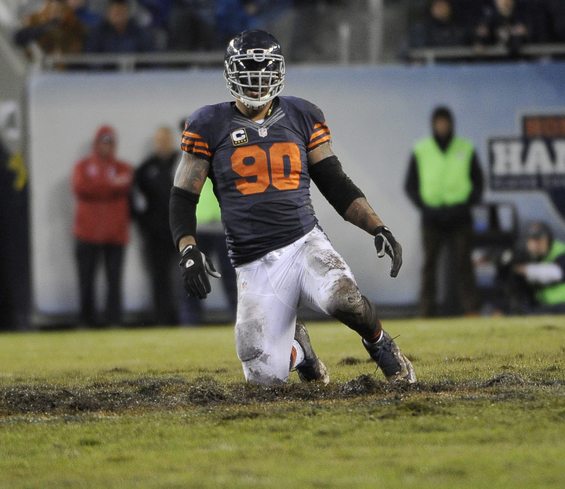 CHICAGO, IL - NOVEMBER 17: Julius Peppers #90 of the Chicago Bears during a game Baltimore Ravens on November 17, 2013 at Soldier Field in Chicago, Illinois.  (Photo by David Banks/Getty Images)