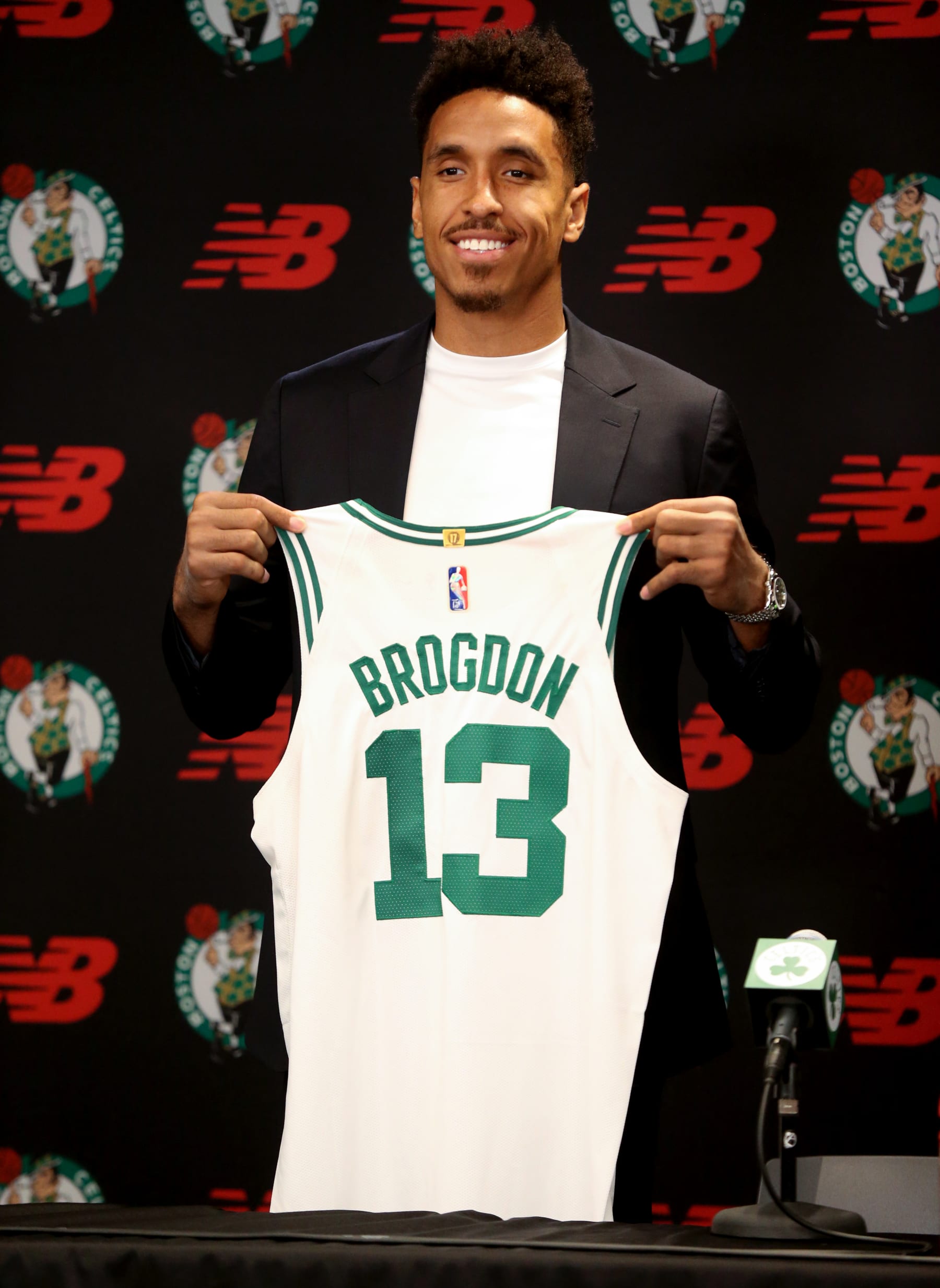 Boston, MA - July 12: The Boston Celtics introduced new player Malcolm Brogdon at a morning  press conference at the Auerbach Center. (Photo by Jonathan Wiggs/The Boston Globe via Getty Images)