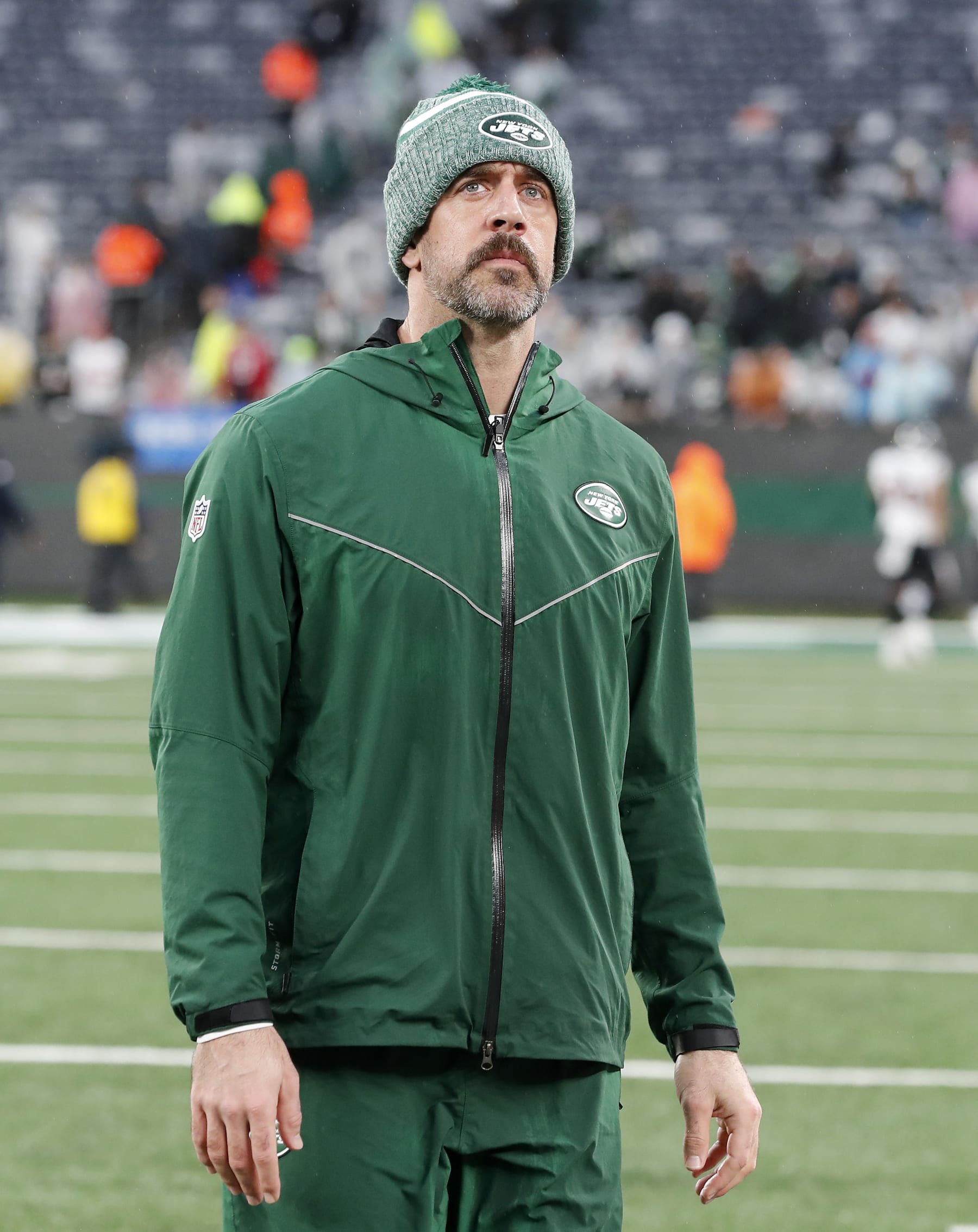 EAST RUTHERFORD, NEW JERSEY - DECEMBER 10: (NEW YORK DAILIES OUT) Aaron Rodgers #8 of the New York Jets looks on after a game against the Houston Texans at MetLife Stadium on December 10, 2023 in East Rutherford, New Jersey. The Jets defeated the Texans 30-6. (Photo by Jim McIsaac/Getty Images) EAST RUTHERFORD, NEW JERSEY - DECEMBER 10: (NEW YORK DAILIES OUT) Aaron Rodgers #8 of the New York Jets looks on after a game against the Houston Texans at MetLife Stadium on December 10, 2023 in East Rutherford, New Jersey. The Jets defeated the Texans 30-6. (Photo by Jim McIsaac/Getty Images)