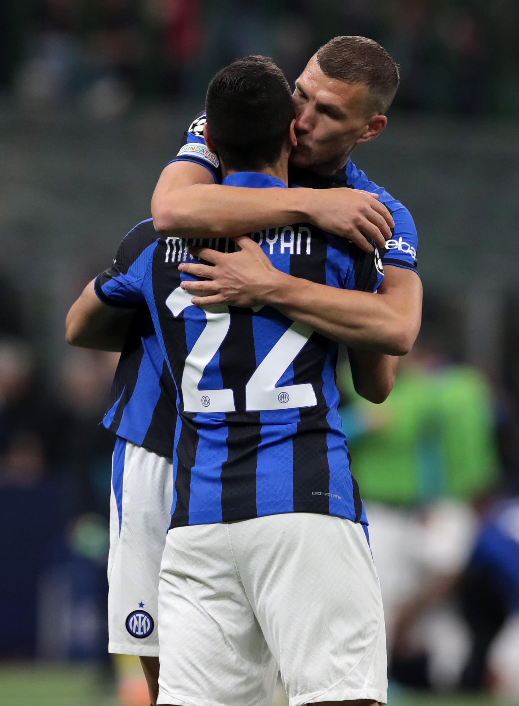 MILAN, ITALY - MAY 10: Henrikh Mkhitaryan of FC Internazionale celebrates after scoring his team's second goal with teammate Edin Dzeko during the UEFA Champions League semi-final first leg match between AC Milan and FC Internazionale at San Siro on May 10, 2023 in Milan, Italy. (Photo by Emilio Andreoli - Inter/Inter via Getty Images)