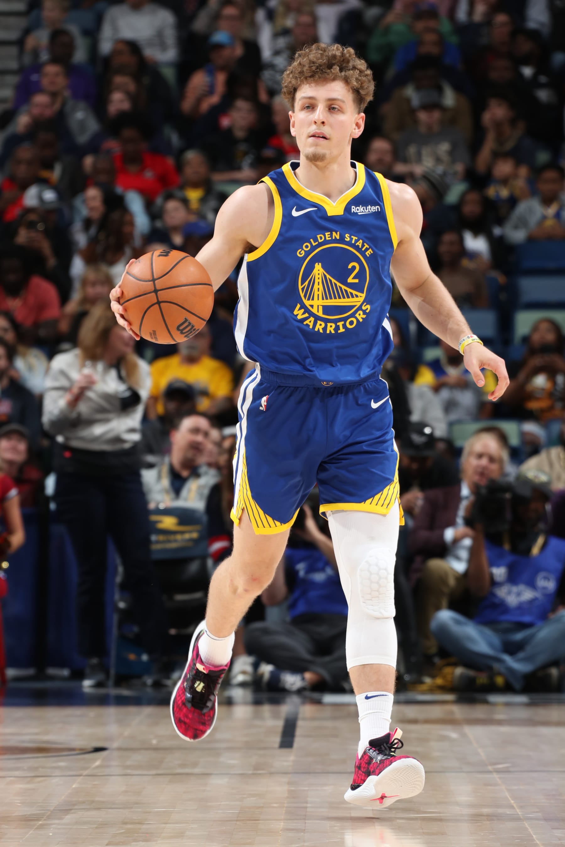 NEW ORLEANS, LA - OCTOBER 30: Brandin Podziemski #2 of the Golden State Warriors dribbles the ball during the game against the New Orleans Pelicans on October 30, 2023 at the Smoothie King Center in New Orleans, Louisiana. NOTE TO USER: User expressly acknowledges and agrees that, by downloading and or using this Photograph, user is consenting to the terms and conditions of the Getty Images License Agreement. Mandatory Copyright Notice: Copyright 2023 NBAE (Photo by Layne Murdoch Jr./NBAE via Getty Images)