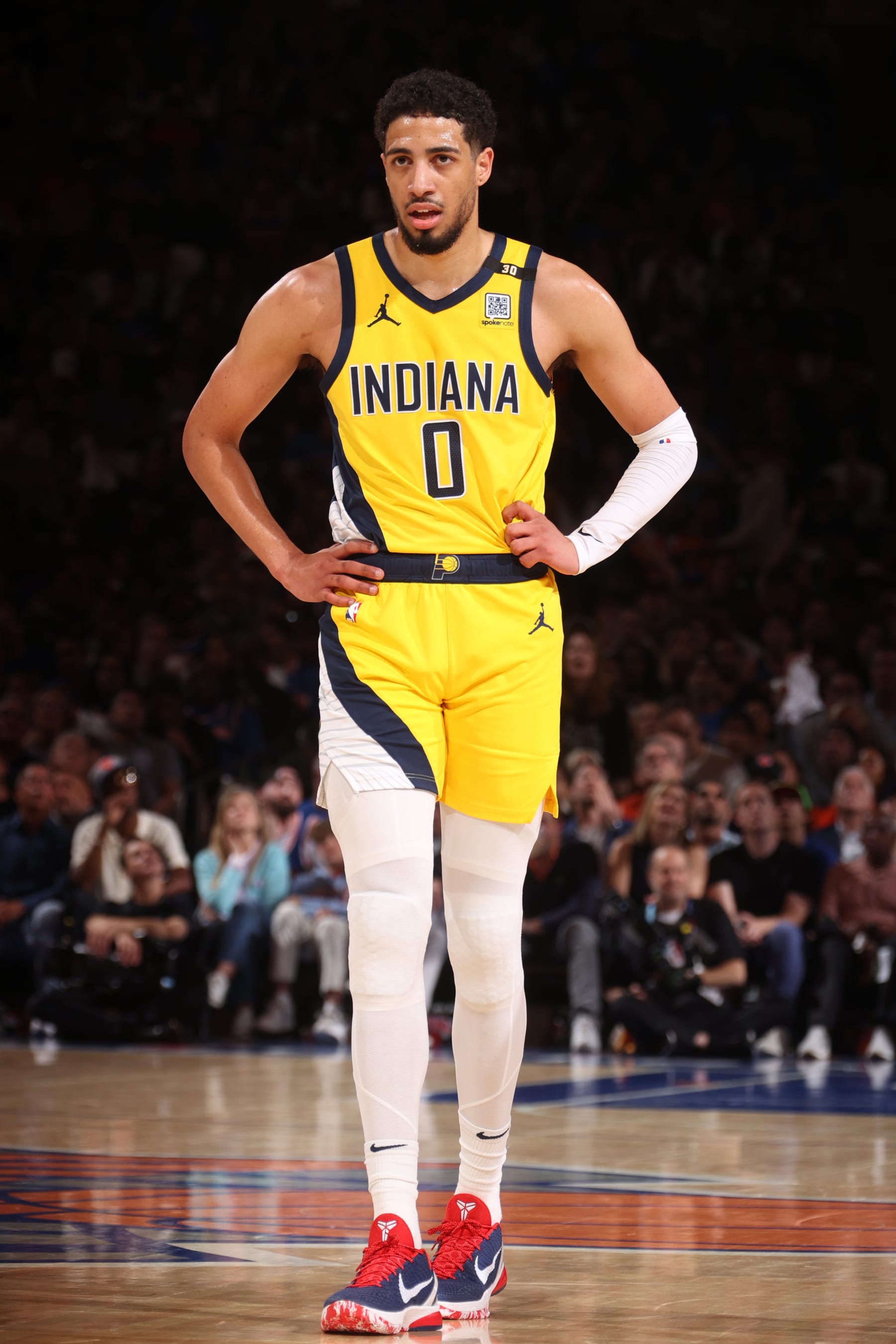 NEW YORK, NY - MAY 19: Tyrese Haliburton #0 of the Indiana Pacers looks on during the game against the New York Knicks during Round 2 Game 7 of the 2024 NBA Playoffs on May 19, 2024 at Madison Square Garden in New York City, New York.  NOTE TO USER: User expressly acknowledges and agrees that, by downloading and or using this photograph, User is consenting to the terms and conditions of the Getty Images License Agreement. Mandatory Copyright Notice: Copyright 2024 NBAE  (Photo by Nathaniel S. Butler/NBAE via Getty Images)