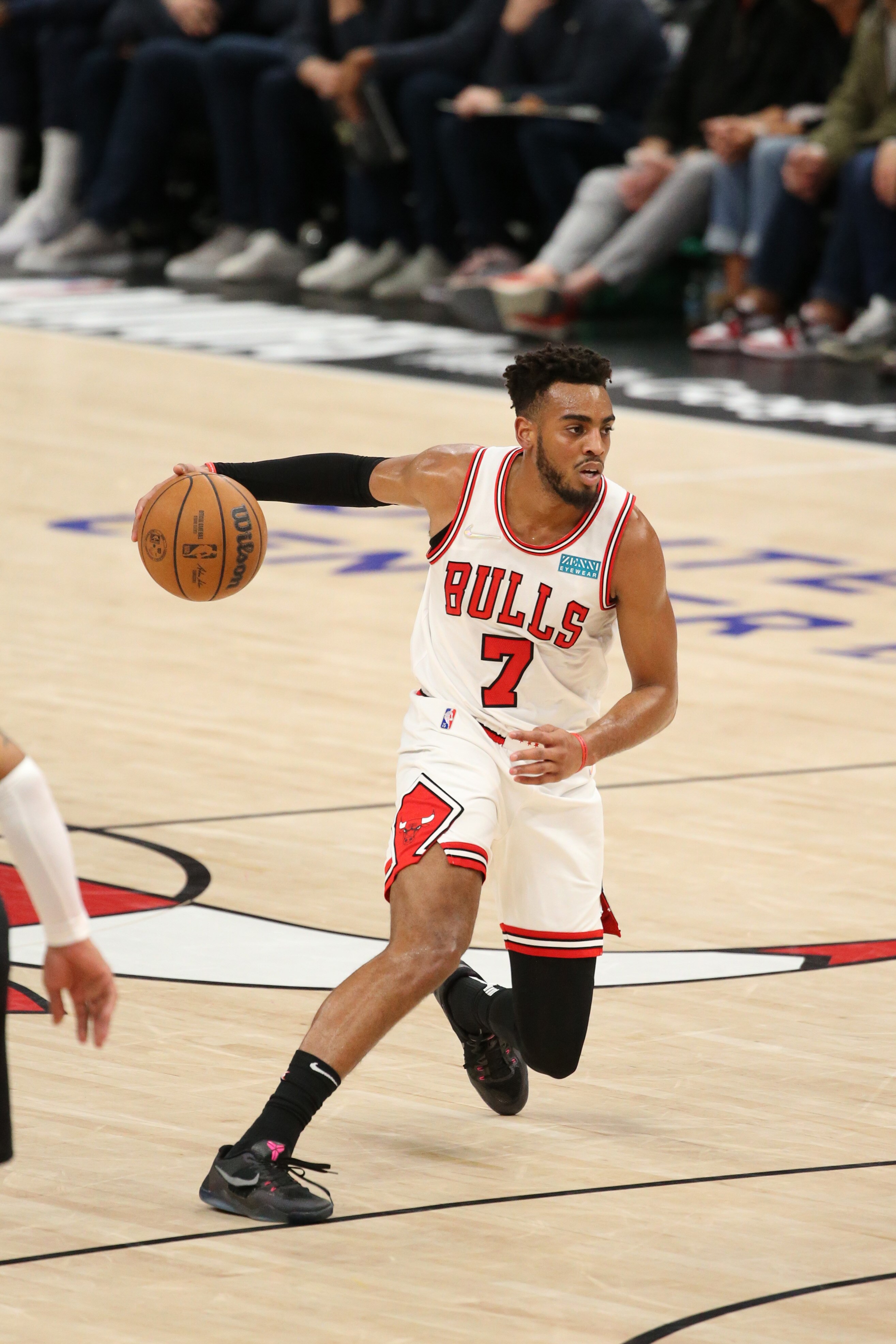 CHICAGO, IL - APRIL 22: Troy Brown Jr. #7 of the Chicago Bulls dribbles the ball during the game against the Milwaukee Bucks during Round 1 Game 3 of the NBA Playoffs on April 22, 2022 at the United Center in Chicago, Illinois. NOTE TO USER: User expressly acknowledges and agrees that, by downloading and or using this Photograph, user is consenting to the terms and conditions of the Getty Images License Agreement. Mandatory Copyright Notice: Copyright 2022 NBAE (Photo by Gary Dineen/NBAE via Getty Images). CHICAGO, IL - APRIL 22: Troy Brown Jr. #7 of the Chicago Bulls dribbles the ball during the game against the Milwaukee Bucks during Round 1 Game 3 of the NBA Playoffs on April 22, 2022 at the United Center in Chicago, Illinois. NOTE TO USER: User expressly acknowledges and agrees that, by downloading and or using this Photograph, user is consenting to the terms and conditions of the Getty Images License Agreement. Mandatory Copyright Notice: Copyright 2022 NBAE (Photo by Gary Dineen/NBAE via Getty Images).