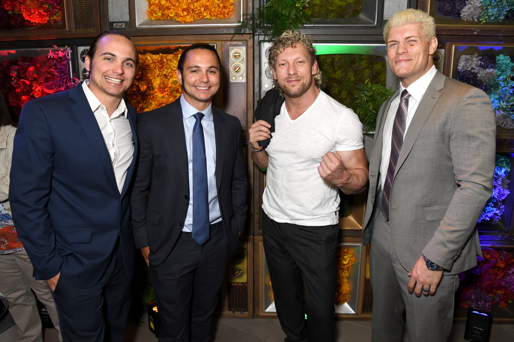 BEVERLY HILLS, CALIFORNIA - JULY 24: (L-R) Nick Jackson, Matt Jackson, Kenny Omega and Cody Rhodes attend the Warner Media Entertainment TCA Party on July 24, 2019 in Beverly Hills, California. (Photo by Jeff Kravitz/FilmMagic for HBO)