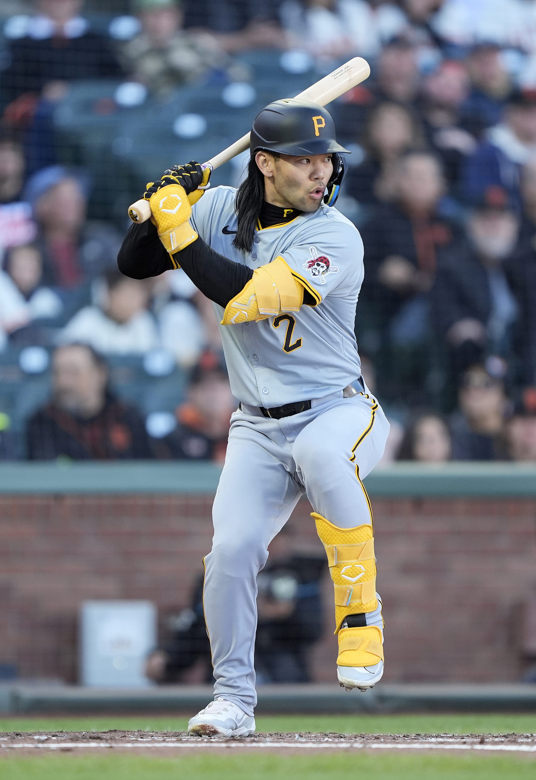 SAN FRANCISCO, CALIFORNIA - APRIL 27: Connor Joe #2 of the Pittsburgh Pirates bats against the San Francisco Giants in the top of the second inning at Oracle Park on April 27, 2024 in San Francisco, California. (Photo by Thearon W. Henderson/Getty Images)