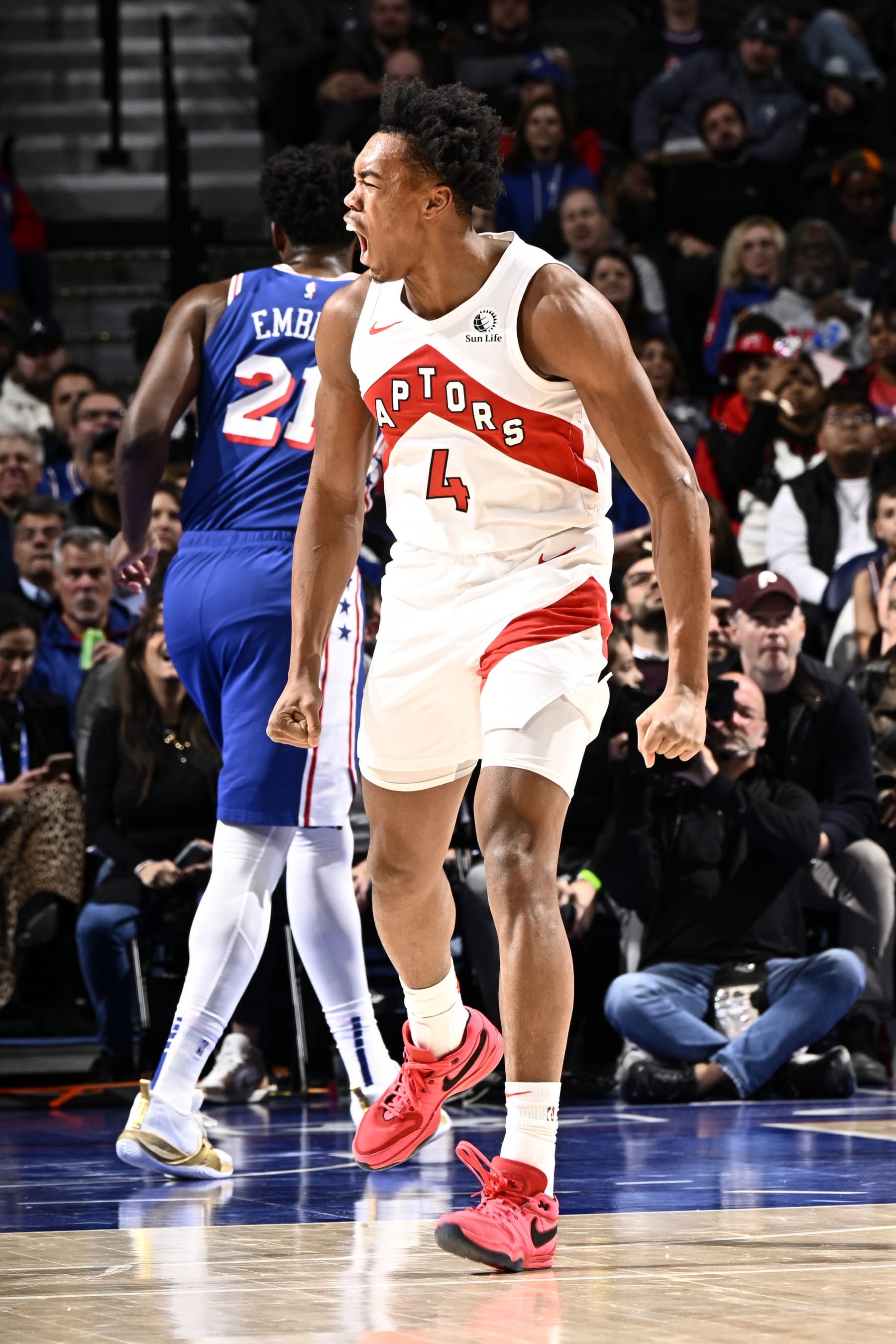 PHILADELPHIA, PA - NOVEMBER 2: Scottie Barnes #4 of the Toronto Raptors celebrates during the game against the Philadelphia 76ers on November 2, 2023 at the Wells Fargo Center in Philadelphia, Pennsylvania NOTE TO USER: User expressly acknowledges and agrees that, by downloading and/or using this Photograph, user is consenting to the terms and conditions of the Getty Images License Agreement. Mandatory Copyright Notice: Copyright 2023 NBAE (Photo by David Dow/NBAE via Getty Images)