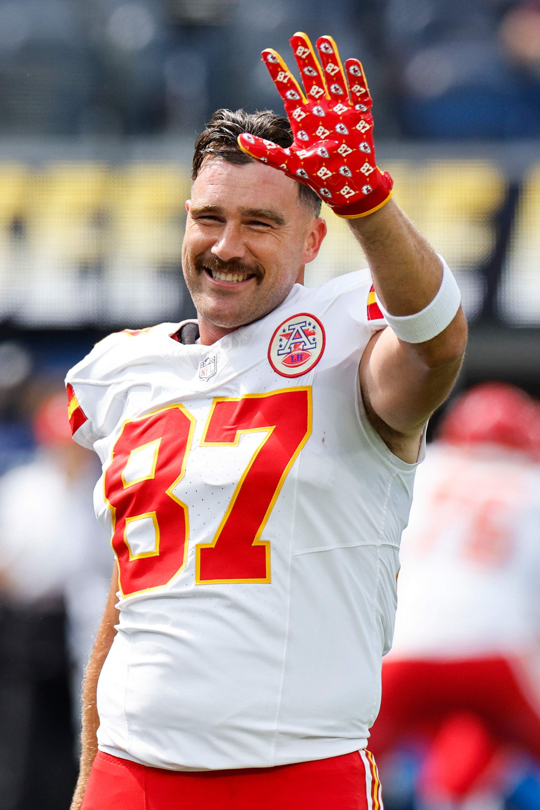 INGLEWOOD, CALIFORNIA - SEPTEMBER 29: Travis Kelce #87 of the Kansas City Chiefs reacts prior to a game against the Los Angeles Chargers at SoFi Stadium on September 29, 2024 in Inglewood, California. (Photo by Kevork Djansezian/Getty Images)