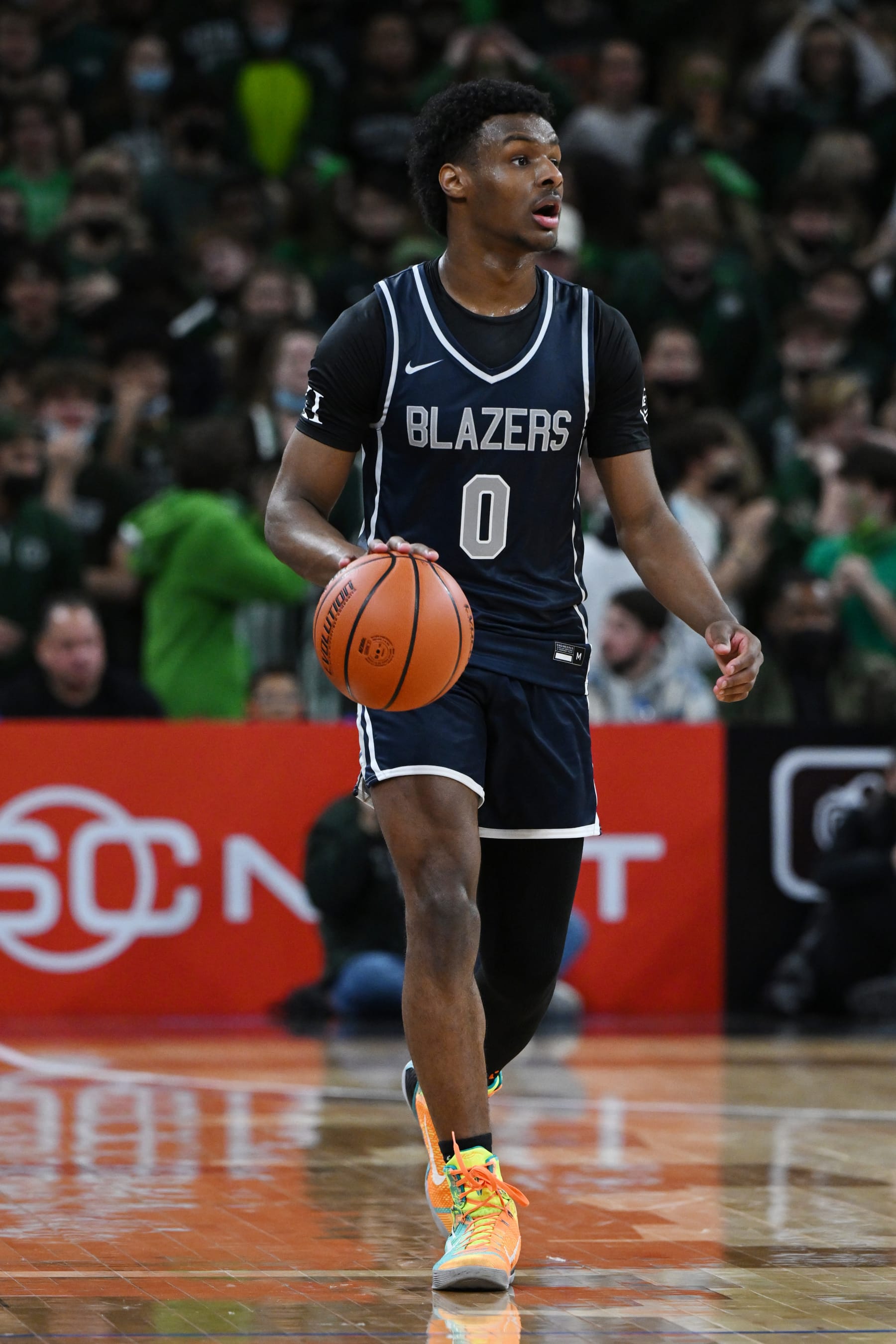 CHICAGO, ILLINOIS - FEBRUARY 05: Bronny James #0 of Sierra Canyon (CA) handles the basketball in the second half against the Glenbard West (IL) at Wintrust Arena on February 5, 2022 in Chicago, Illinois. (Photo by Quinn Harris/Getty Images)