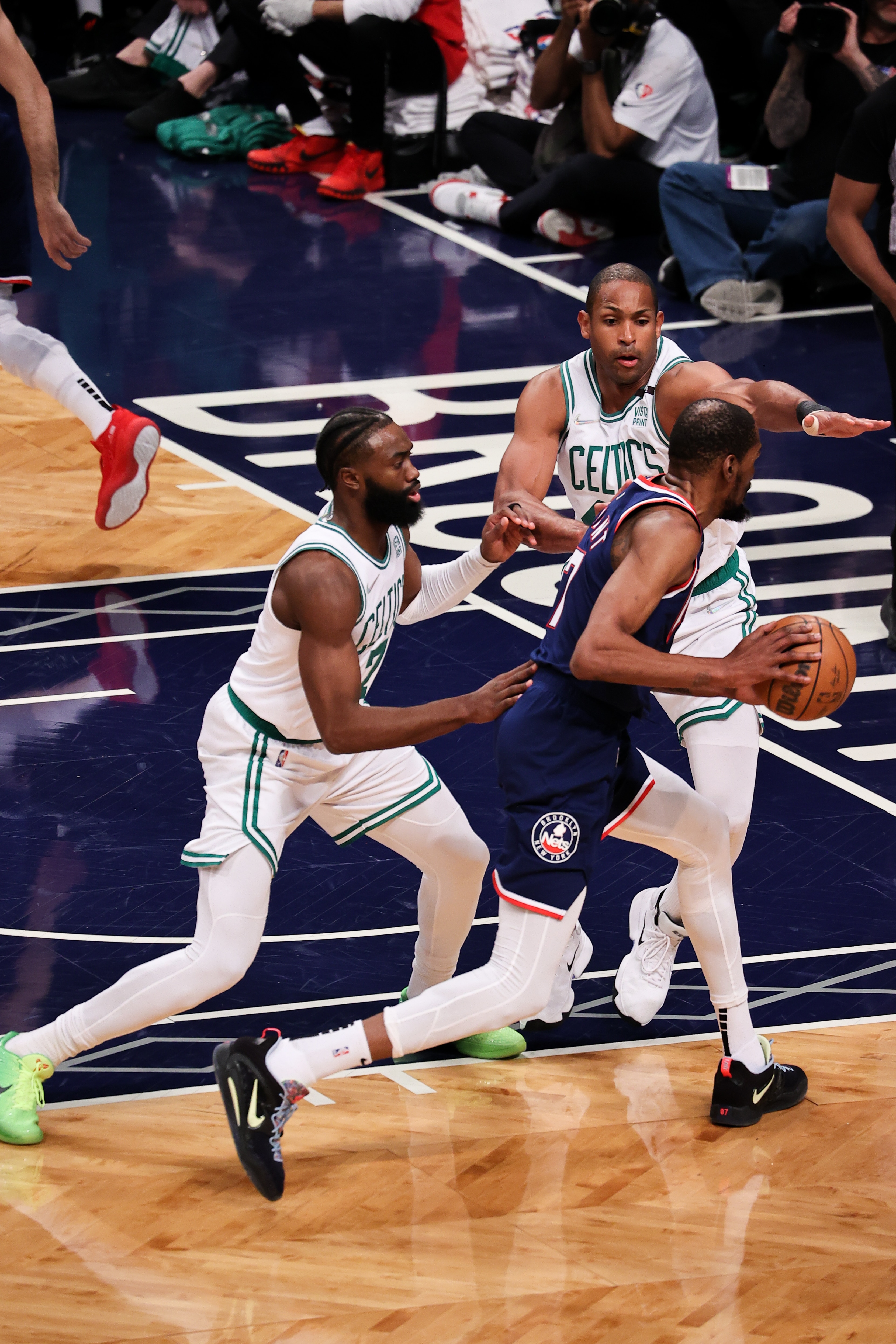 NEW YORK, NY - APRIL 25: Kevin Durant of Brooklyn Nets and Jaylen Brown of Boston Celtics in action during NBA playoffs between Brooklyn Nets and Boston Celtics at the Barclays Center in Brooklyn of New York City, United States on April 25, 2022. (Photo by Tayfun Coskun/Anadolu Agency via Getty Images)