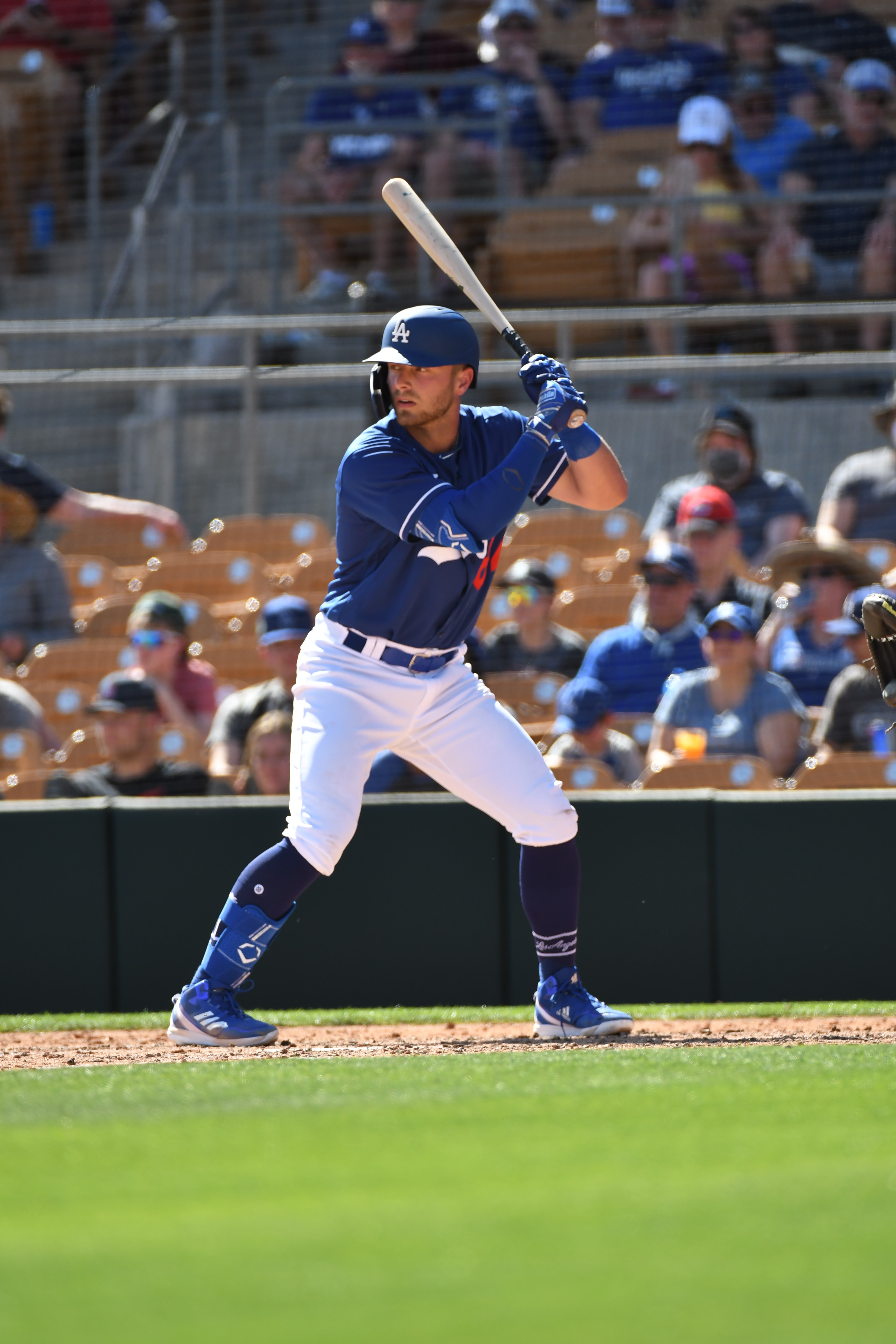 GLENDALE, AZ - MARCH 22, 2022: Michael Busch #84 of the Los Angeles Dodgers bats during the fifth inning of an MLB spring training game against the Cincinnati Reds at Camelback Ranch on March 22, 2022 in Glendale, Arizona. (Photo by David Durochik/Diamond Images via Getty Images)