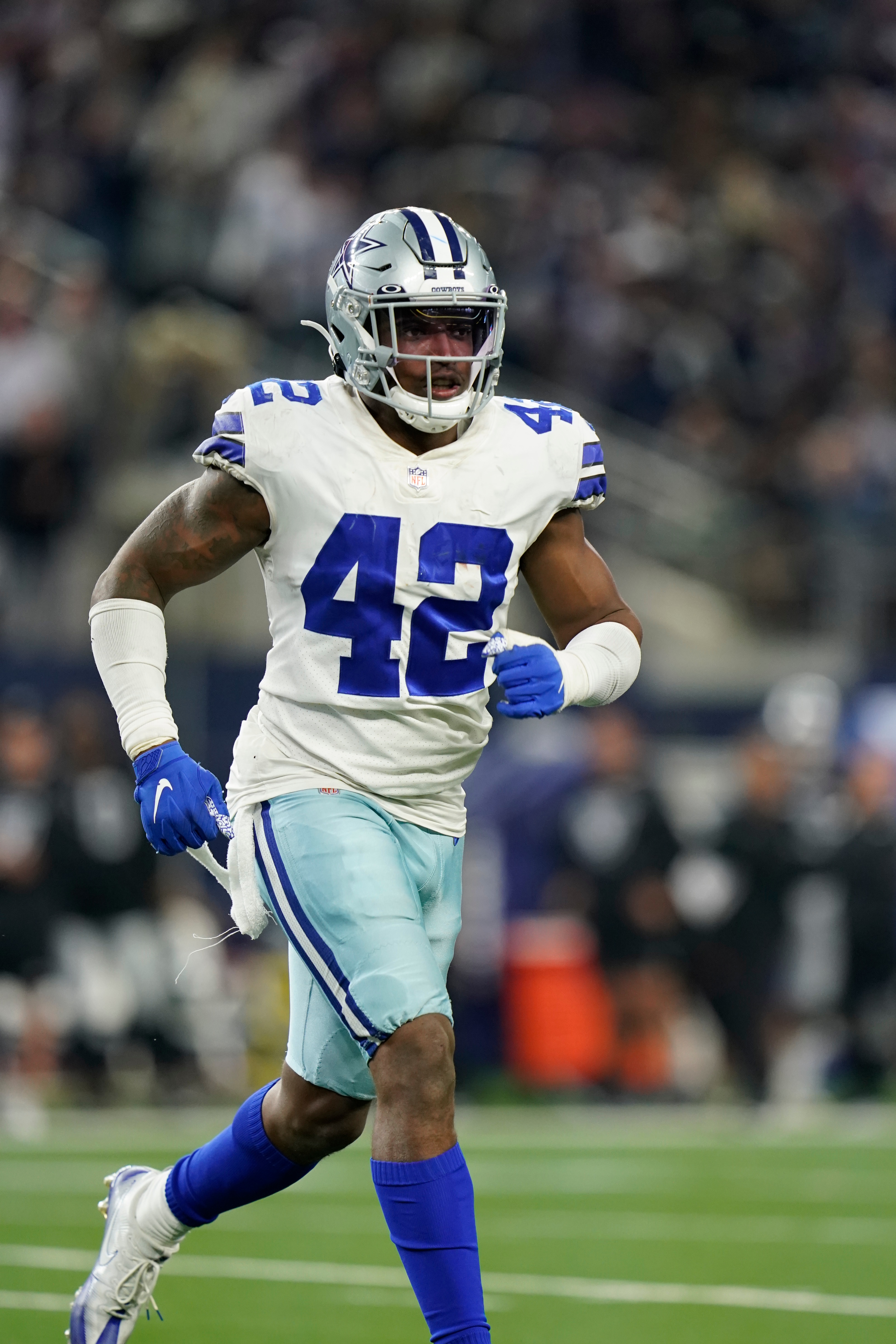 Dallas Cowboys linebacker Keanu Neal (42) during a Thanksgiving day NFL football game against the Las Vegas Raiders, Thursday, Nov. 25, 2021, in Arlington, Texas. (AP Photo/Matt Patterson)