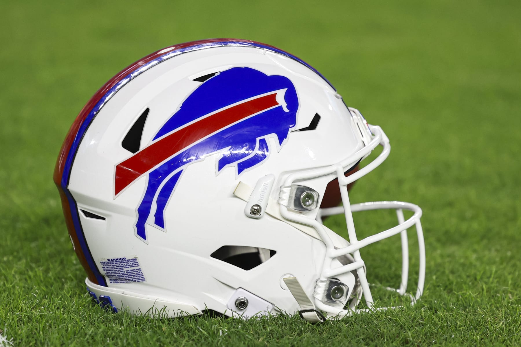 MIAMI GARDENS, FL - JANUARY 07:  Detailed view of a Buffalo Bills helmet prior to an NFL football game between the Buffalo Bills and the Miami Dolphins at Hard Rock Stadium on January 7, 2024 in Miami Gardens, Florida. (Photo by Perry Knotts/Getty Images)
