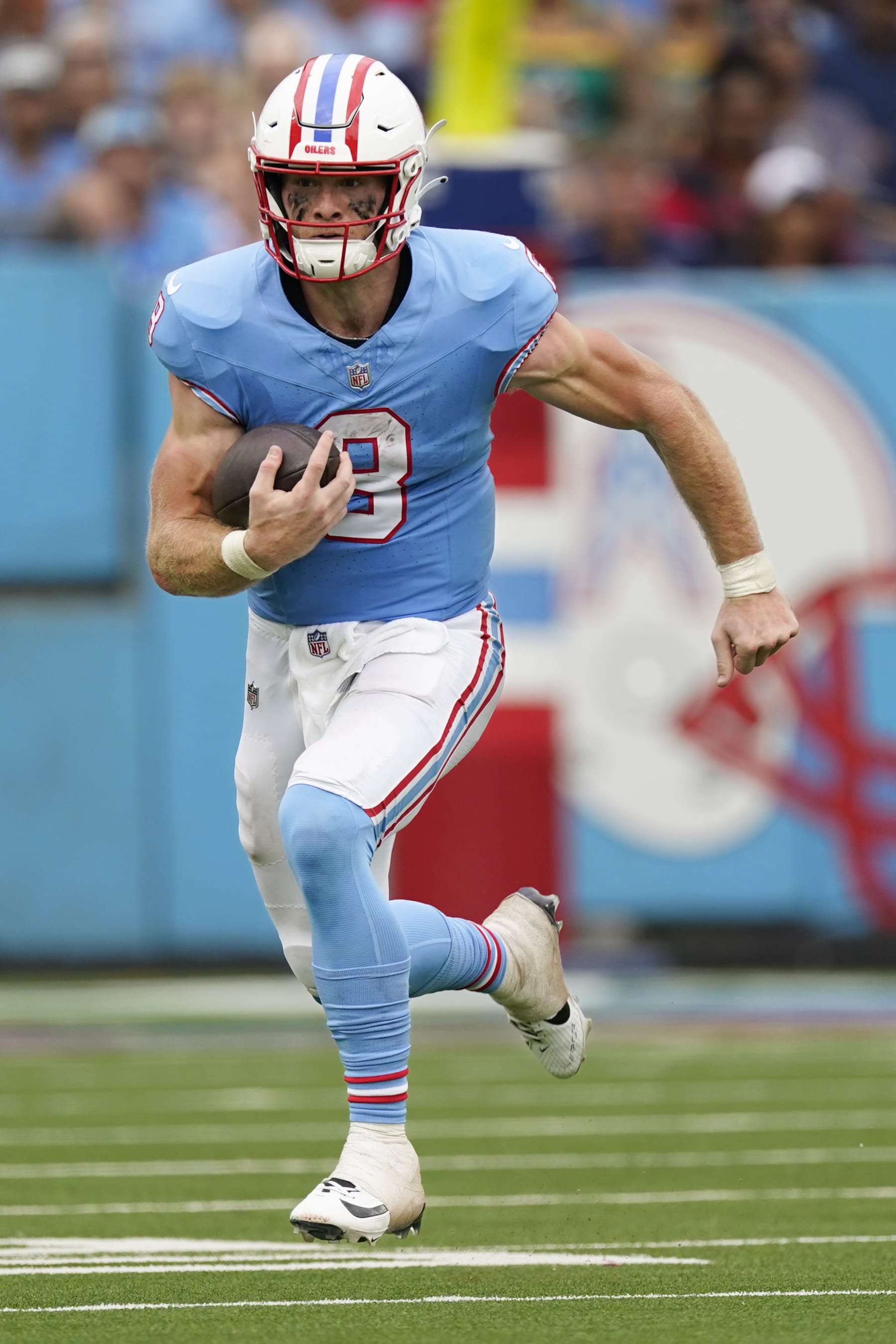 Tennessee Titans quarterback Will Levis (8) runs the ball against the Atlanta Falcons during the second half of an NFL football game Sunday, Oct. 29, 2023, in Nashville, Tenn. (AP Photo/George Walker IV)