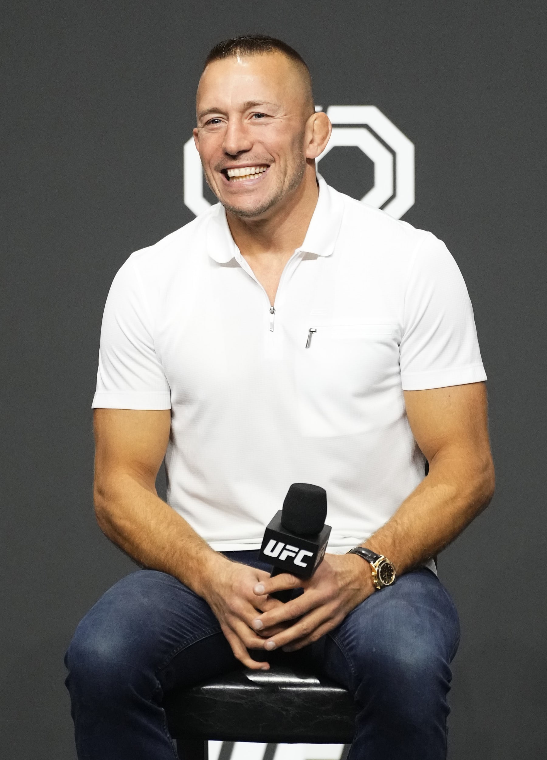 MIAMI, FLORIDA - APRIL 07: Former UFC two-division champion Georges St-Pierre is seen on stage during a Q&A session prior to the UFC 287 ceremonial weigh-in at Kaseya Center on April 07, 2023 in Miami, Florida. (Photo by Jeff Bottari/Zuffa LLC via Getty Images)
