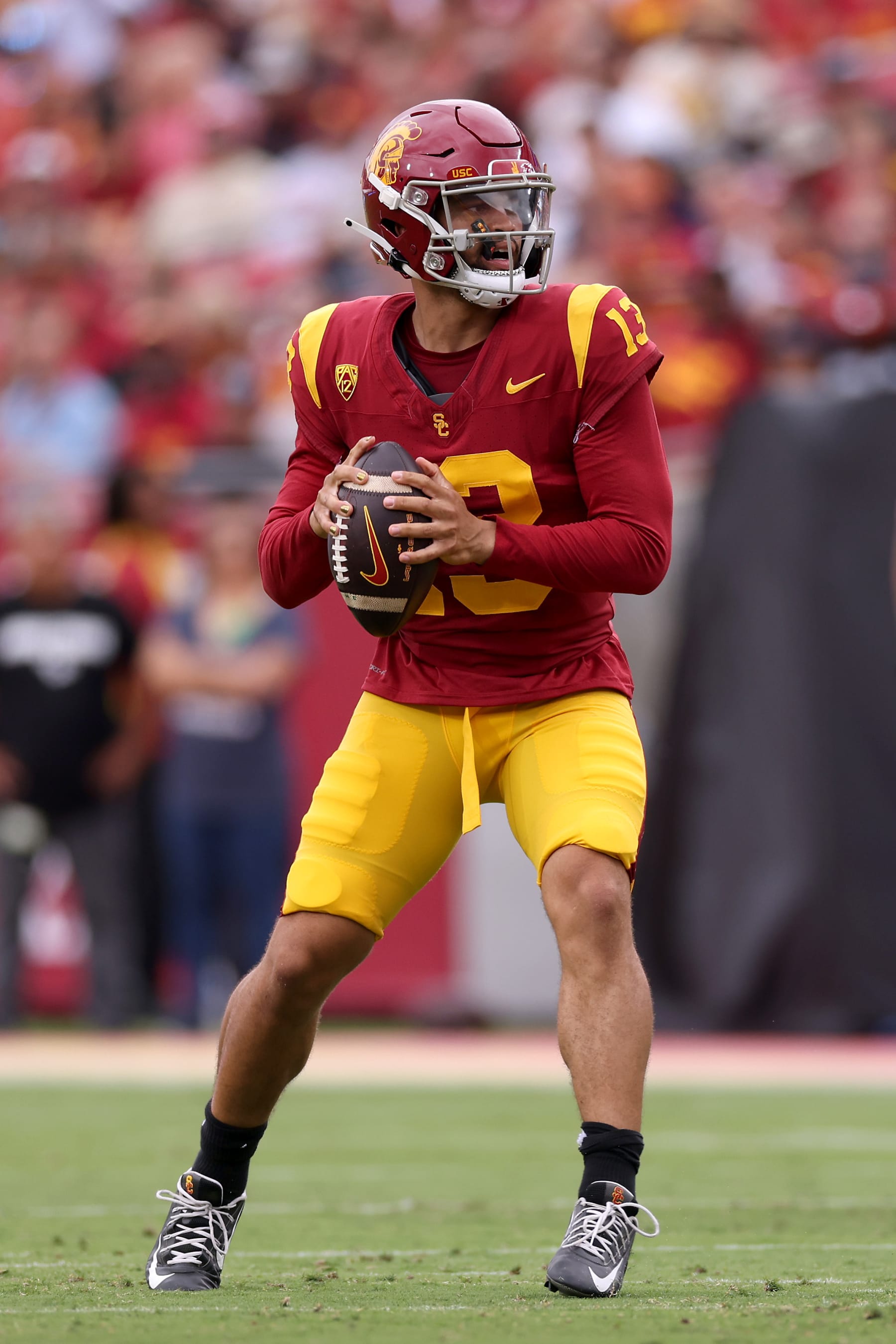 LOS ANGELES, CALIFORNIA - SEPTEMBER 02: Caleb Williams #13 of the USC Trojans passes the ball during the first quarter against the Nevada Wolf Pack at United Airlines Field at the Los Angeles Memorial Coliseum on September 02, 2023 in Los Angeles, California. (Photo by Katelyn Mulcahy/Getty Images)