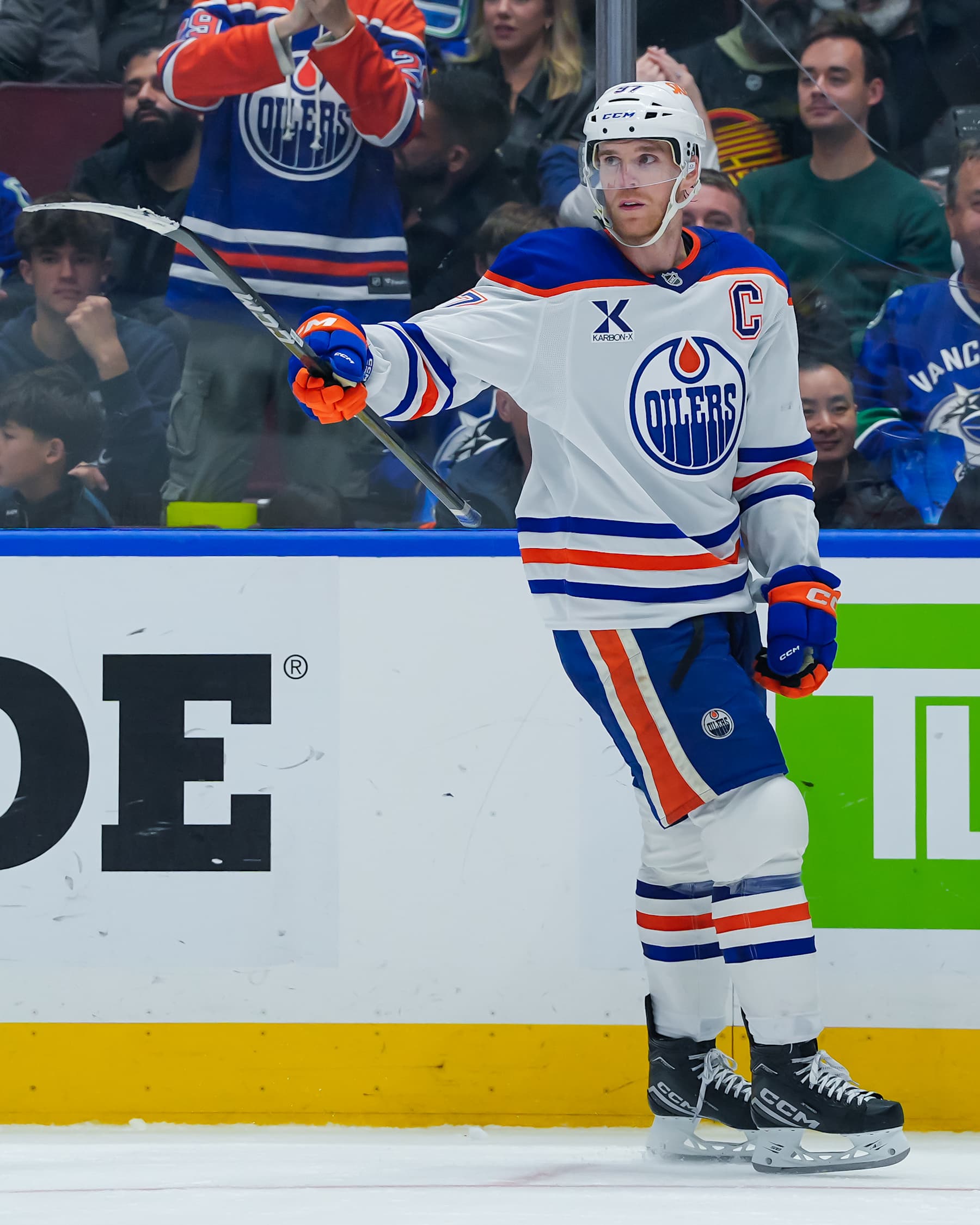 VANCOUVER, CANADA - NOVEMBER 9: Connor McDavid #97 of the Edmonton Oilers celebrates after an Edmonton Oilers goal during the third period of their NHL game at Rogers Arena on November 9, 2024 in Vancouver, British Columbia, Canada. (Photo by Derek Cain/Getty Images)