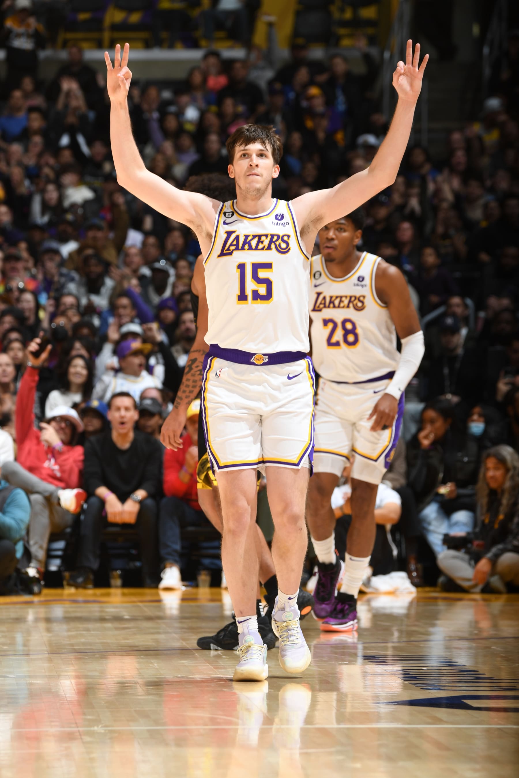 LOS ANGELES, CA - MARCH 5: Austin Reaves #15 of the Los Angeles Lakers celebrates a three point basket during the game against the Golden State Warriors on March 5, 2023 at Crypto.Com Arena in Los Angeles, California. NOTE TO USER: User expressly acknowledges and agrees that, by downloading and/or using this Photograph, user is consenting to the terms and conditions of the Getty Images License Agreement. Mandatory Copyright Notice: Copyright 2023 NBAE (Photo by Andrew D. Bernstein/NBAE via Getty Images)