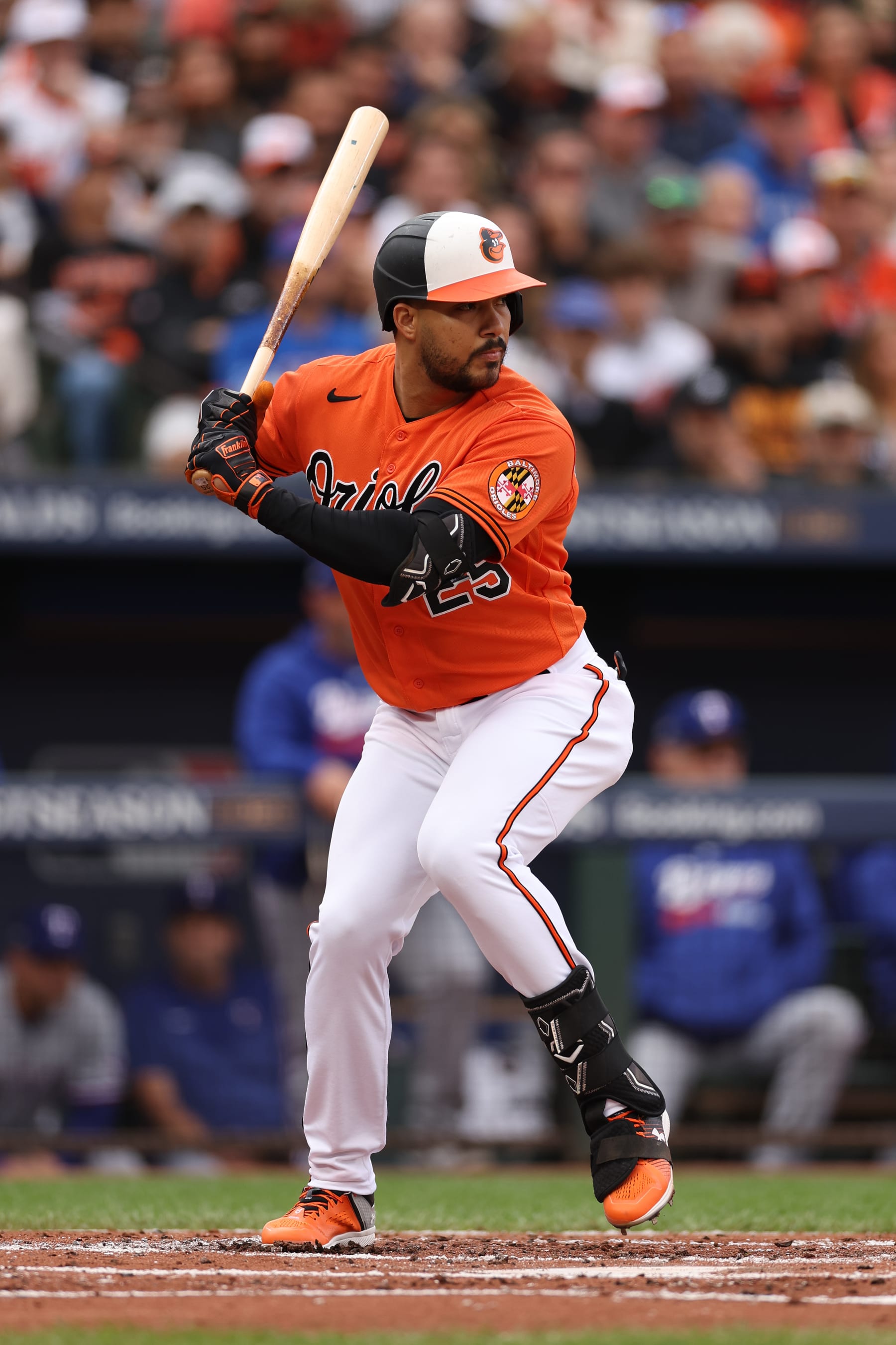 BALTIMORE, MARYLAND - OCTOBER 08: Anthony Santander #25 of the Baltimore Orioles bats against the Texas Rangers during Game Two of the American League Division Series at Oriole Park at Camden Yards on October 08, 2023 in Baltimore, Maryland. (Photo by Patrick Smith/Getty Images)