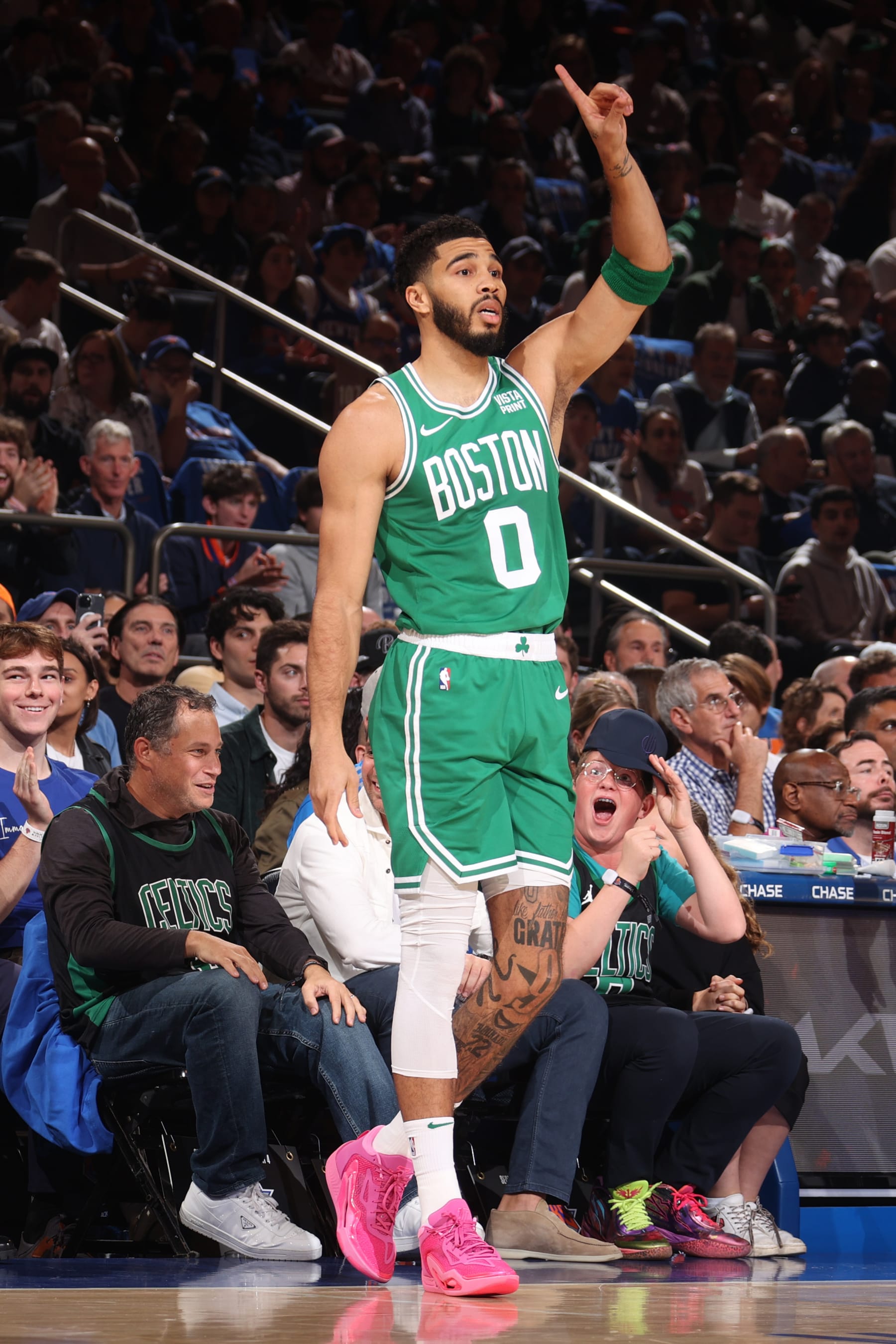 NEW YORK, NY - OCTOBER 25: Jayson Tatum #0 of the Boston Celtics looks on during the game against the New York Knicks on October 25, 2023 at Madison Square Garden in New York City, New York.  NOTE TO USER: User expressly acknowledges and agrees that, by downloading and or using this photograph, User is consenting to the terms and conditions of the Getty Images License Agreement. Mandatory Copyright Notice: Copyright 2023 NBAE  (Photo by Nathaniel S. Butler/NBAE via Getty Images)