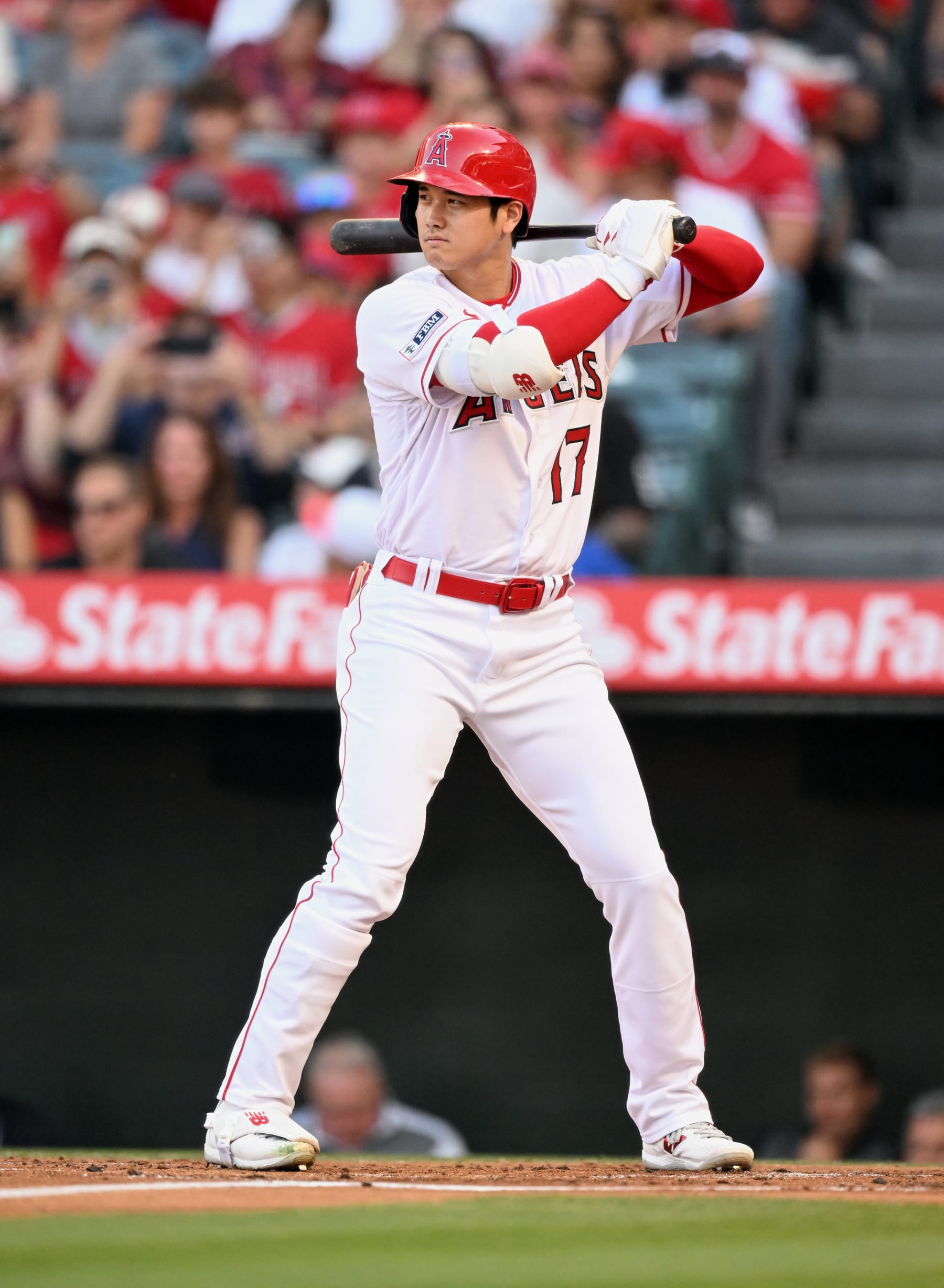 ANAHEIM, CA - JUNE 27: Los Angeles Angels pitcher Shohei Ohtani (17) during an at bat in an MLB baseball game against the Chicago White Sox played on June 27, 2023 at Angel Stadium in Anaheim, CA. (Photo by John Cordes/Icon Sportswire via Getty Images)