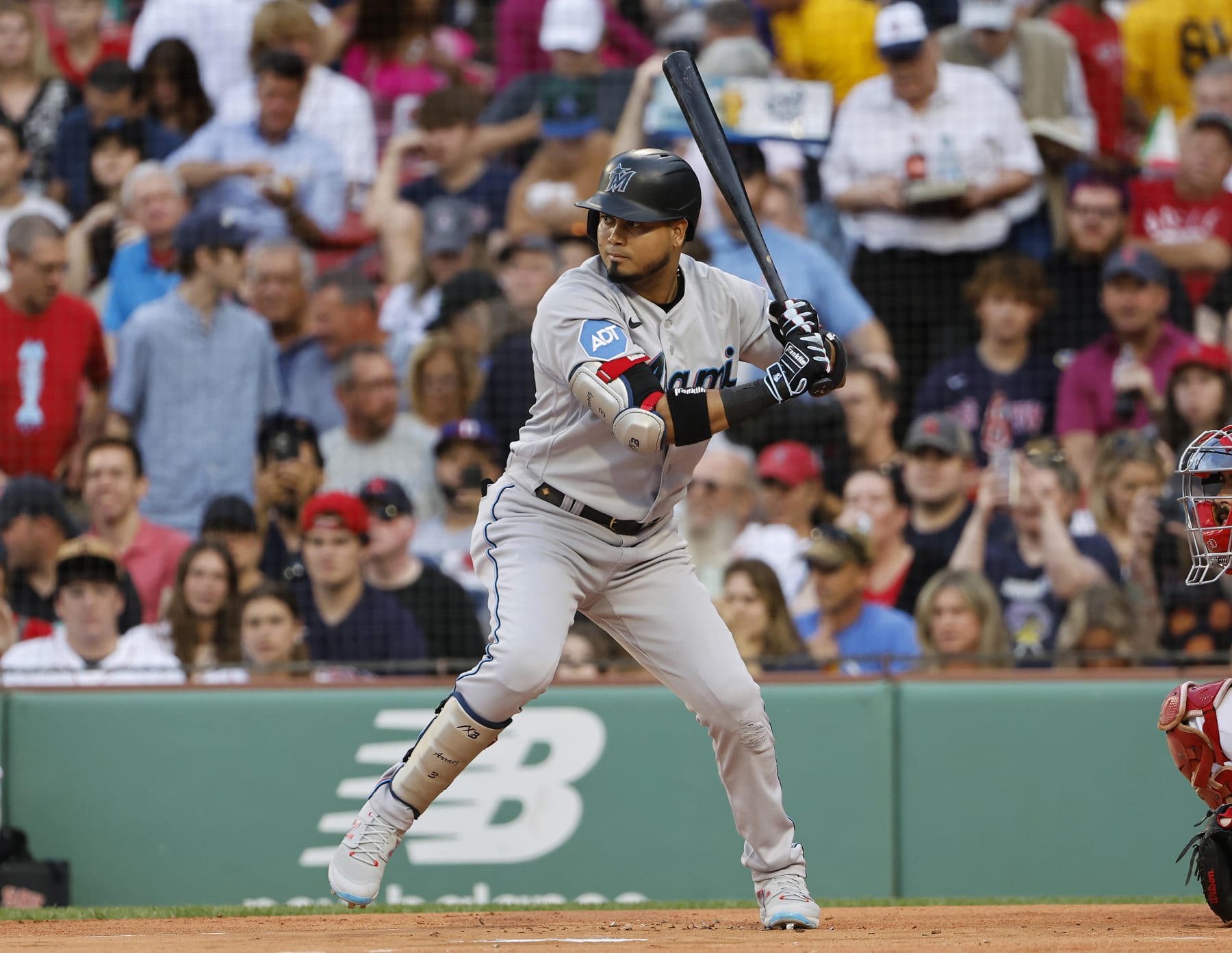 BOSTON, MA - JUNE 28: Luis Arraez #3 of the Miami Marlins at bat during the first inning against the Boston Red Sox at Fenway Park on June 28, 2023 in Boston, Massachusetts. (Photo By Winslow Townson/Getty Images)