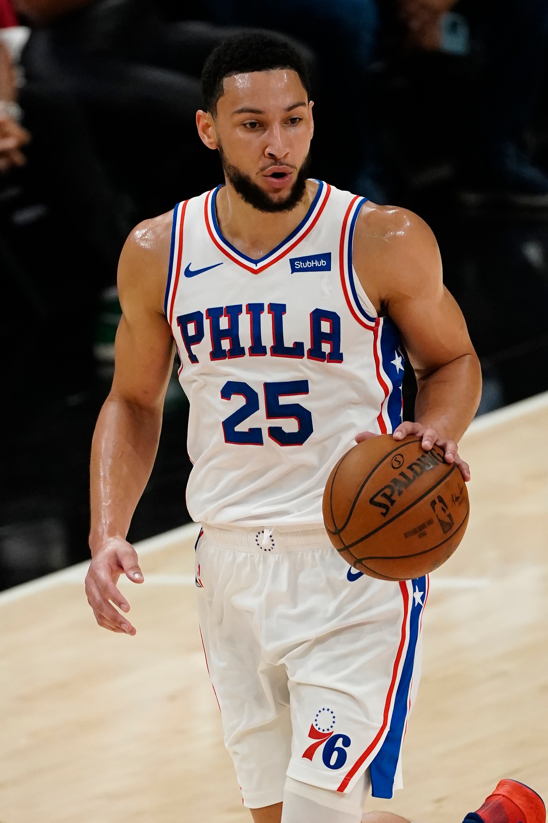Philadelphia 76ers guard Ben Simmons (25) is shown during their NBA playoff basketball game against the Atlanta Hawks Saturday, June 12, 2021, in Atlanta. (AP Photo/John Bazemore)