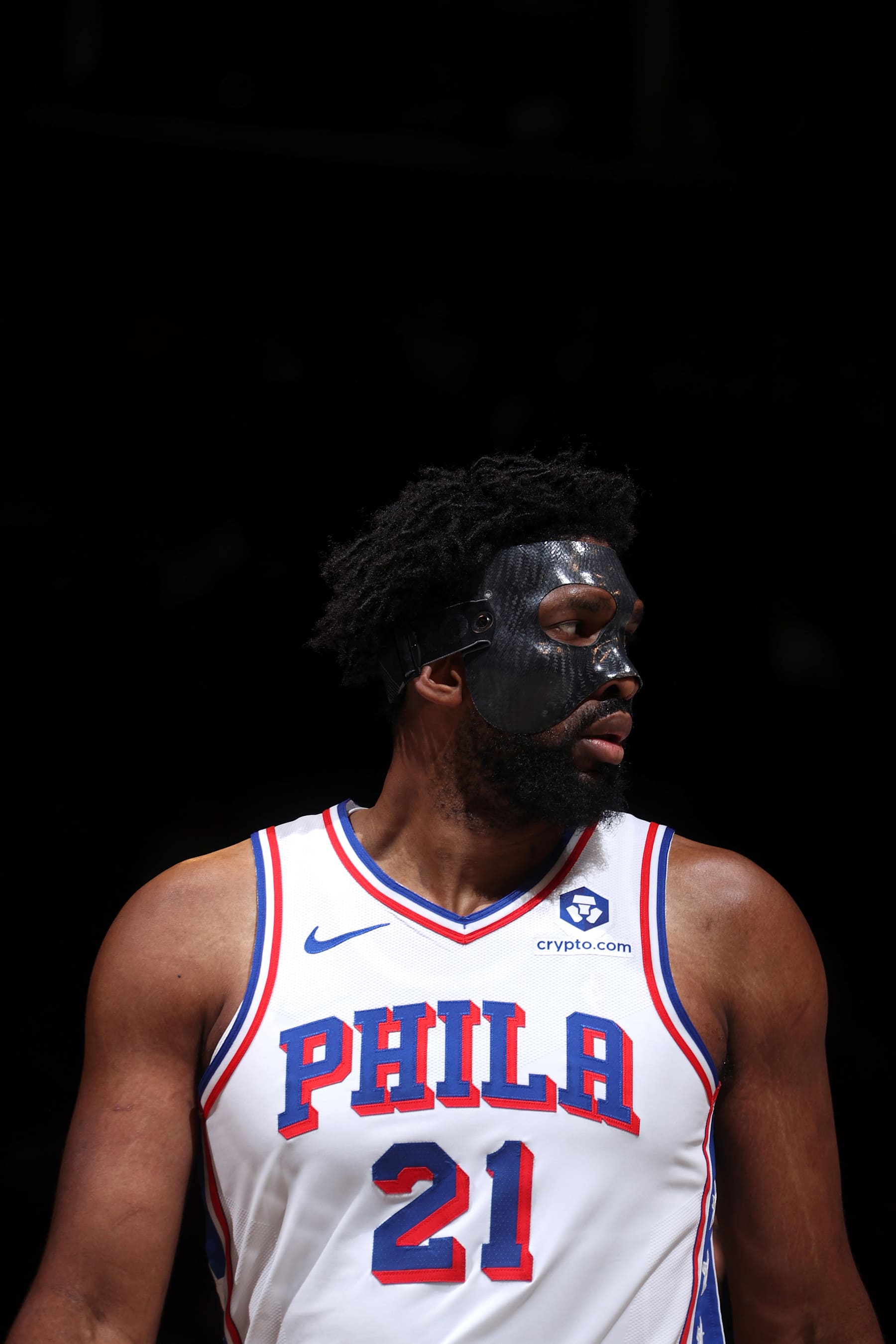 BROOKLYN, NY - JANUARY 4: Joel Embiid #21 of the Philadelphia 76ers looks on during the game against the Brooklyn Nets on January 4, 2025 at Barclays Center in Brooklyn, New York. NOTE TO USER: User expressly acknowledges and agrees that, by downloading and or using this Photograph, user is consenting to the terms and conditions of the Getty Images License Agreement. Mandatory Copyright Notice: Copyright 2025 NBAE (Photo by Nathaniel S. Butler/NBAE via Getty Images) BROOKLYN, NY - JANUARY 4: Joel Embiid #21 of the Philadelphia 76ers looks on during the game against the Brooklyn Nets on January 4, 2025 at Barclays Center in Brooklyn, New York. NOTE TO USER: User expressly acknowledges and agrees that, by downloading and or using this Photograph, user is consenting to the terms and conditions of the Getty Images License Agreement. Mandatory Copyright Notice: Copyright 2025 NBAE (Photo by Nathaniel S. Butler/NBAE via Getty Images)