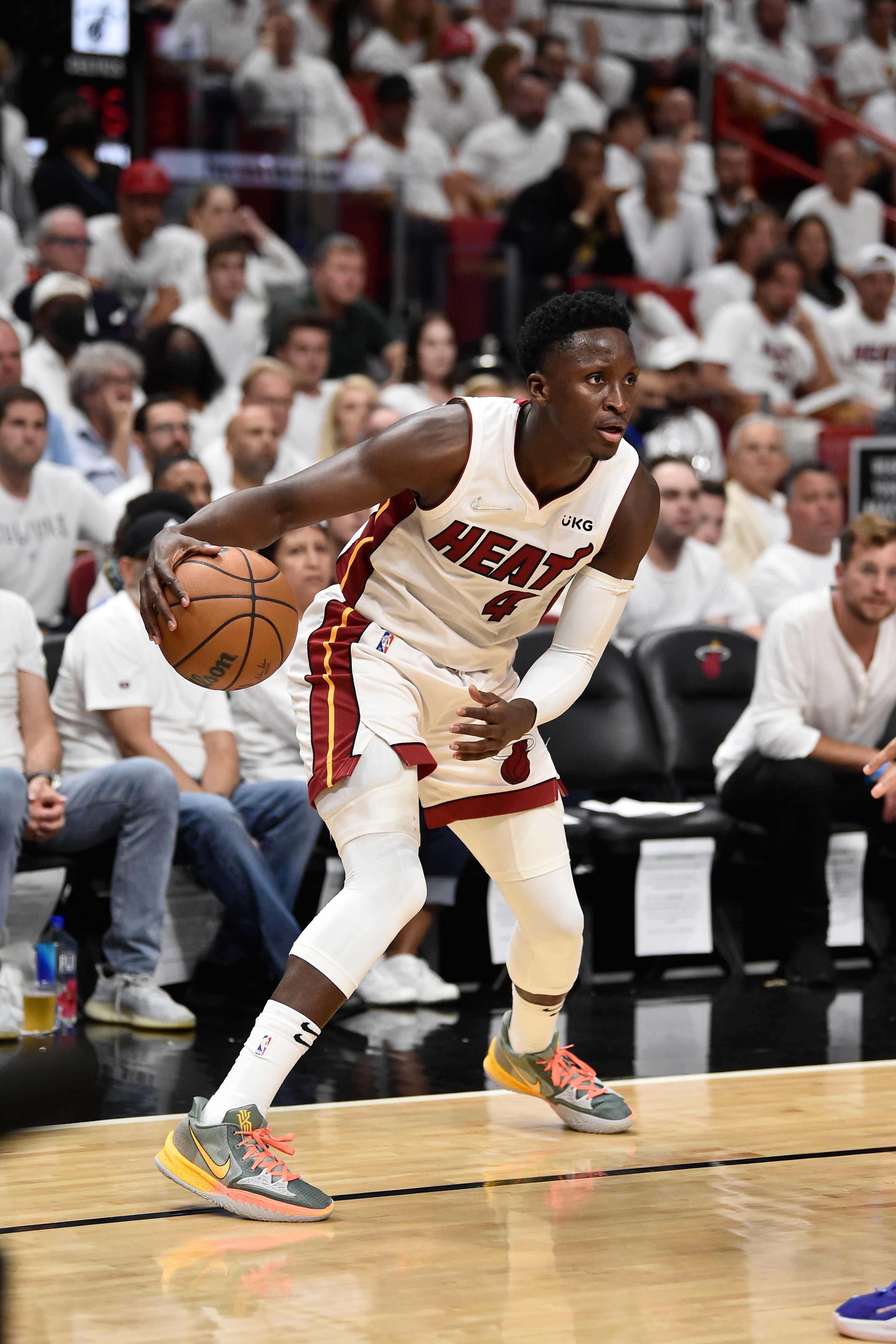 MIAMI, FL - MAY 29: Victor Oladipo #4 of the Miami Heat dribbles the ball during Game 7 of the 2022 NBA Playoffs Eastern Conference Finals on May 29, 2022 at FTX Arena in Miami, Florida. NOTE TO USER: User expressly acknowledges and agrees that, by downloading and or using this Photograph, user is consenting to the terms and conditions of the Getty Images License Agreement. Mandatory Copyright Notice: Copyright 2022 NBAE (Photo by David Dow/NBAE via Getty Images)