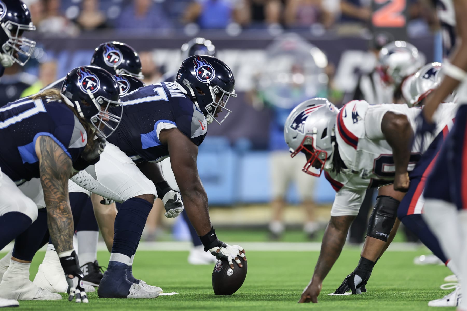NASHVILLE, TENNESSEE - AUGUST 25: Xavier Newman #67 of the Tennessee Titans lines up against the New England Patriots during the preseason game at Nissan Stadium on August 25, 2023 in Nashville, Tennessee. (Photo by Silas Walker/Getty Images)