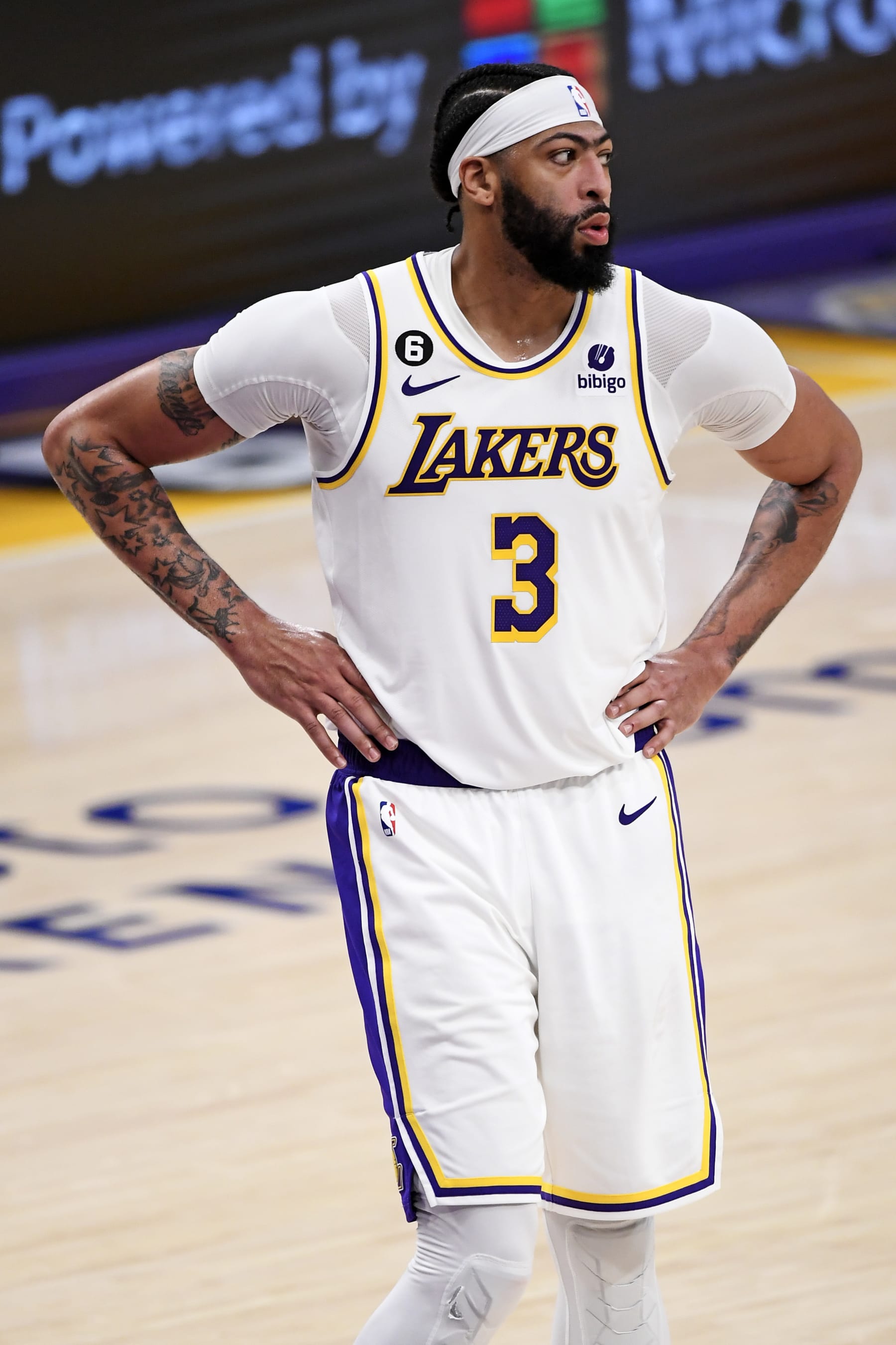 LOS ANGELES, CALIFORNIA - MAY 20: Anthony Davis #3 of the Los Angeles Lakers reacts during the third quarter against the Denver Nuggets in game three of the Western Conference Finals at Crypto.com Arena on May 20, 2023 in Los Angeles, California. NOTE TO USER: User expressly acknowledges and agrees that, by downloading and or using this photograph, User is consenting to the terms and conditions of the Getty Images License Agreement. (Photo by Kevork Djansezian/Getty Images)