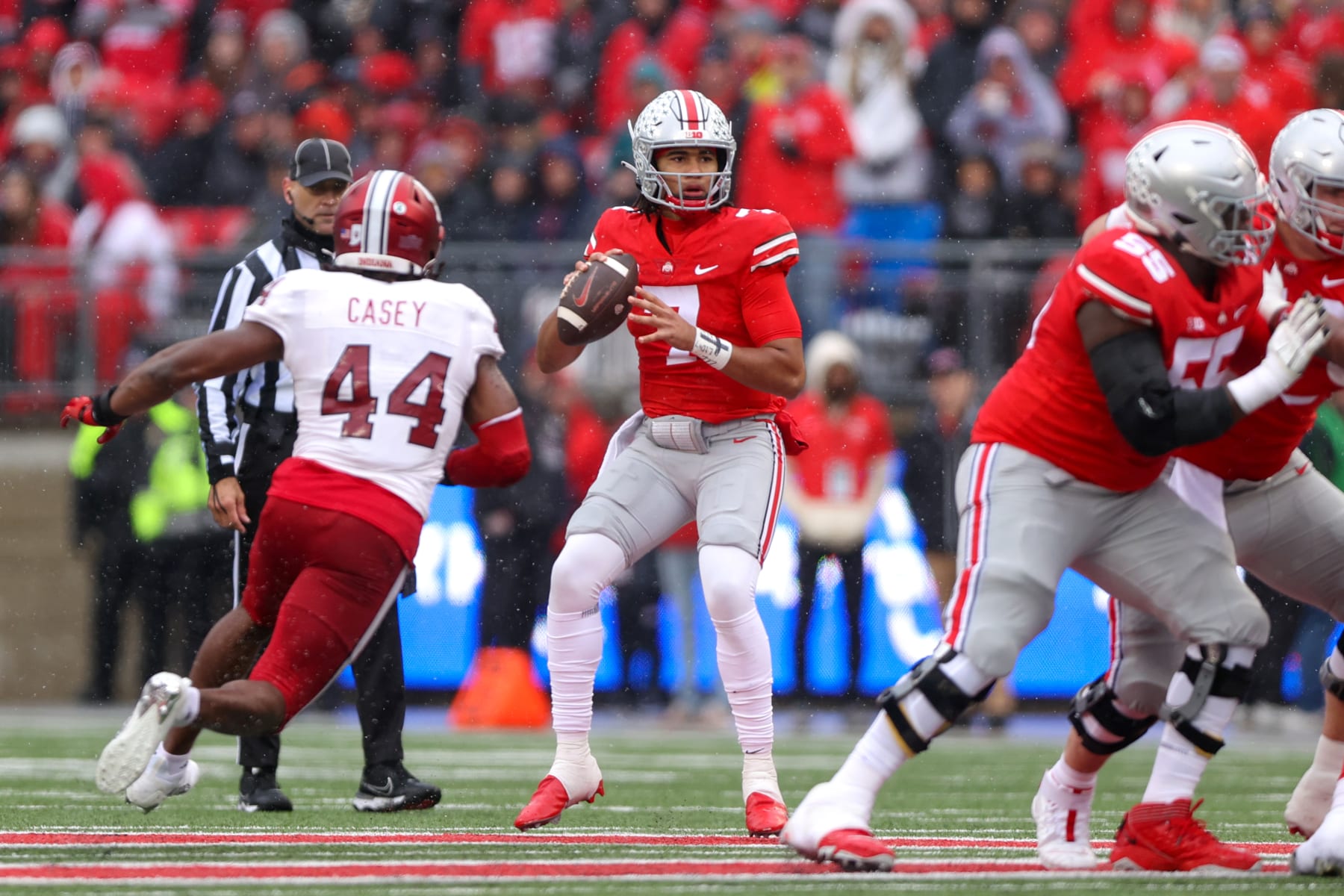 COLUMBUS, OH - NOVEMBER 12: Ohio State Buckeyes quarterback C.J. Stroud (7) looks to pass during the second quarter of the college football game between the Indiana Hoosiers and Ohio State Buckeyes on November 12, 2022, at Ohio Stadium in Columbus, OH. (Photo by Frank Jansky/Icon Sportswire via Getty Images)
