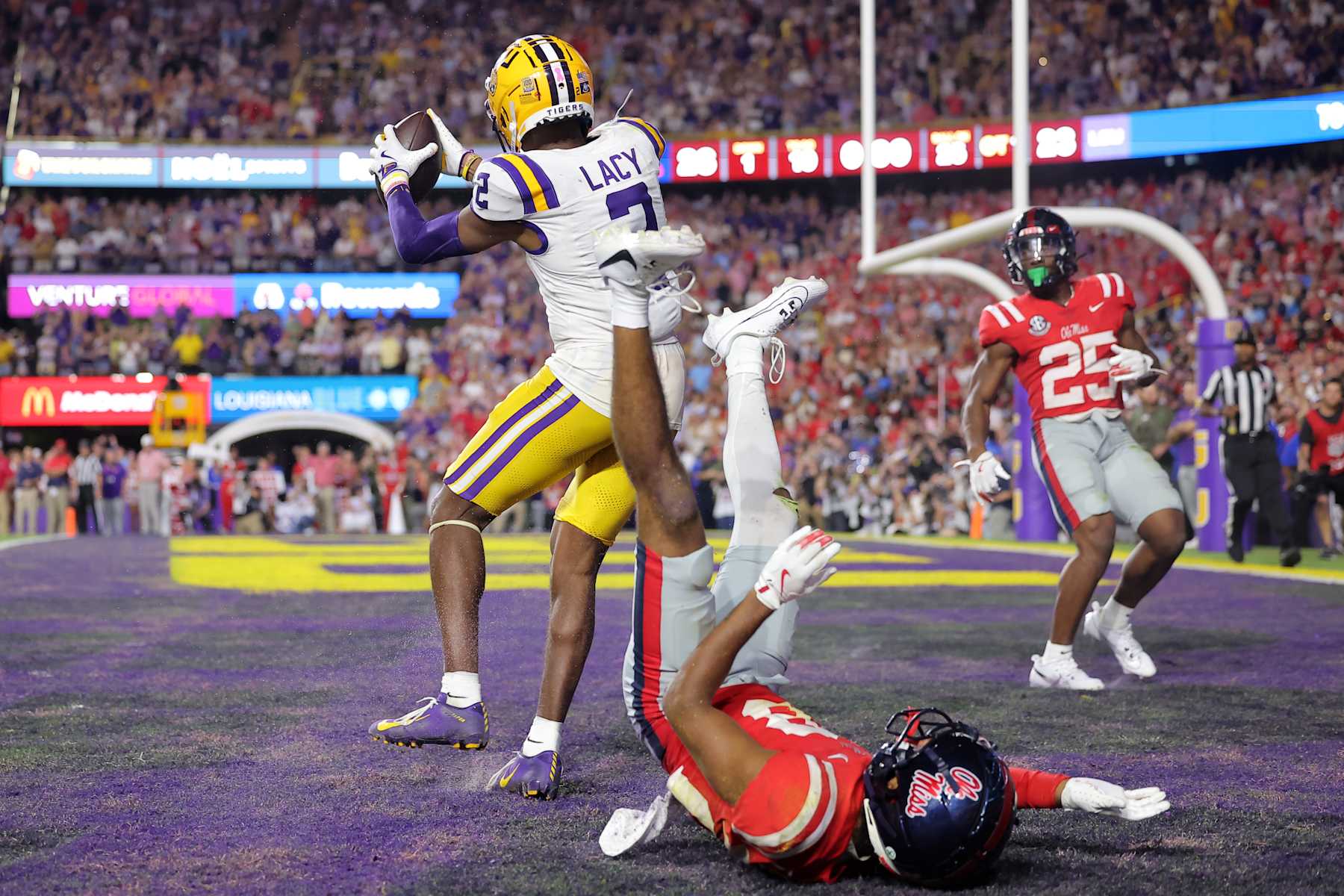 Kyren Lacy #2 of the LSU Tigers catches the game winning touchdown in overtime