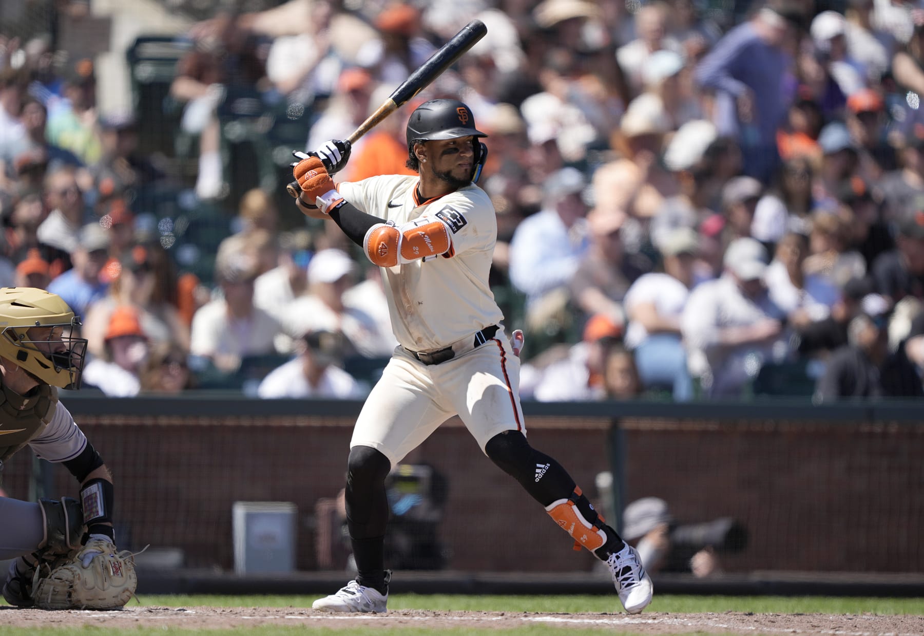 SAN FRANCISCO, CALIFORNIA - MAY 19: Luis Matos #29 of the San Francisco Giants bats against the Colorado Rockies in the bottom of the seventh inning at Oracle Park on May 19, 2024 in San Francisco, California. (Photo by Thearon W. Henderson/Getty Images)