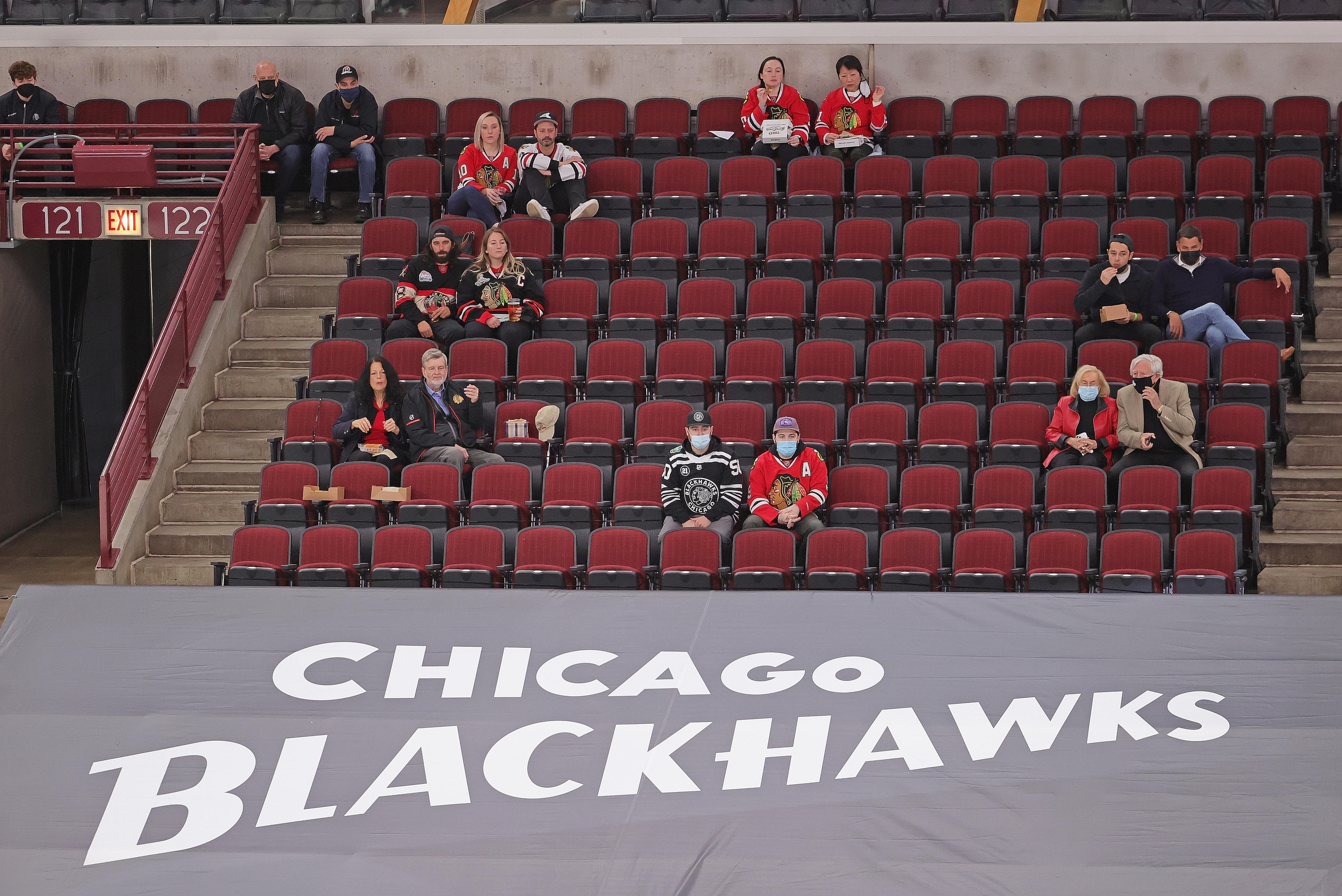 CHICAGO, ILLINOIS - MAY 09: Fans are allowed to watch the Chicago Blackhawks take on the Dallas Stars for the first time since March, 2020 at the United Center on May 09, 2021 in Chicago, Illinois. (Photo by Jonathan Daniel/Getty Images)
