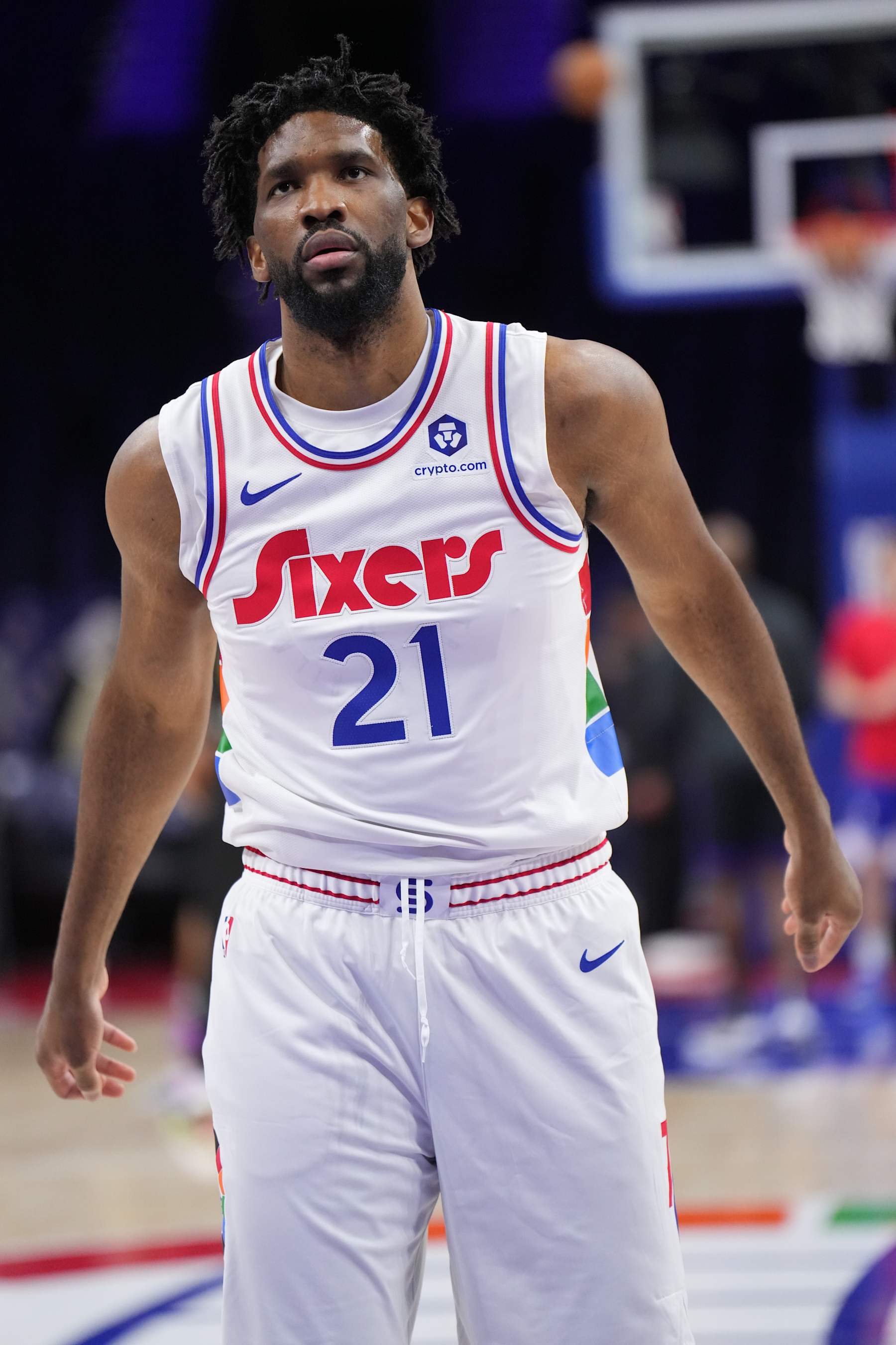 PHILADELPHIA, PA - JANUARY 28:  Joel Embiid #21 of the Philadelphia 76ers looks on before the game against the Los Angeles Lakers on January 28, 2025 at the Wells Fargo Center in Philadelphia, Pennsylvania NOTE TO USER: User expressly acknowledges and agrees that, by downloading and/or using this Photograph, user is consenting to the terms and conditions of the Getty Images License Agreement. Mandatory Copyright Notice: Copyright 2025 NBAE (Photo by Jesse D. Garrabrant/NBAE via Getty Images)