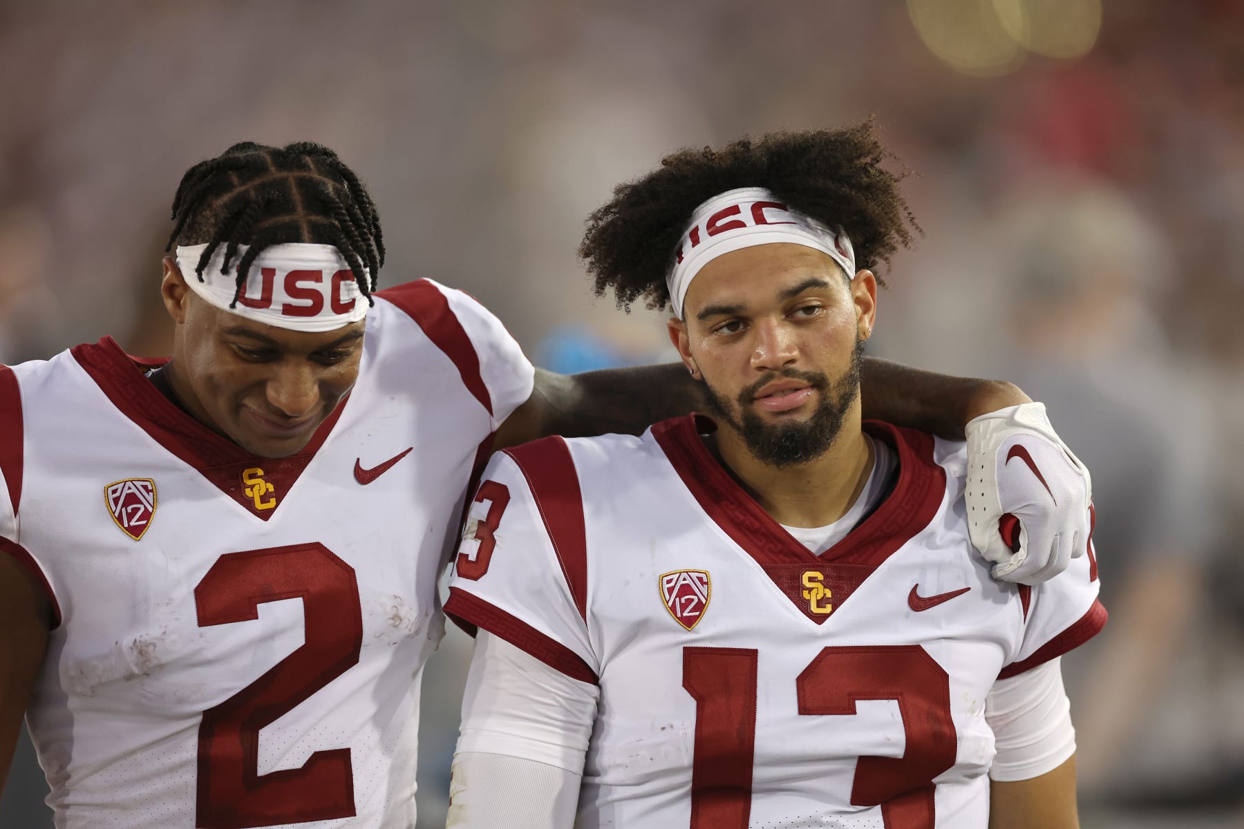 STANFORD, CALIFORNIA - SEPTEMBER 10: Brenden Rice #2 and Caleb Williams #13 of the USC Trojans stand on the sideline during their game against the Stanford Cardinal at Stanford Stadium on September 10, 2022 in Stanford, California. (Photo by Ezra Shaw/Getty Images)