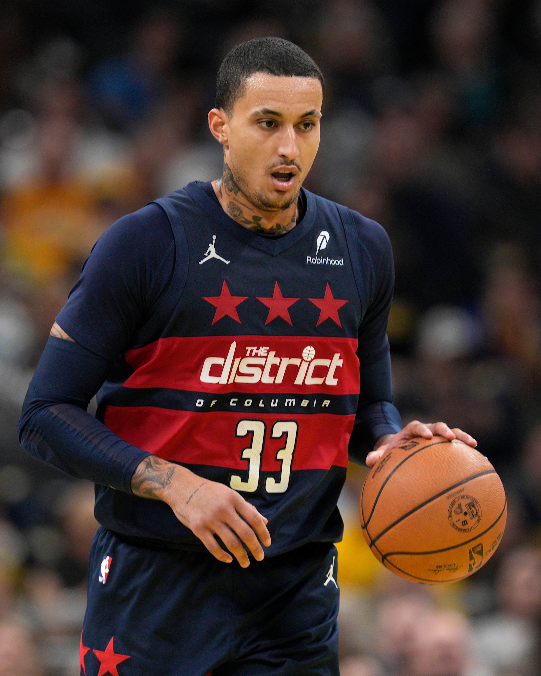INDIANAPOLIS, INDIANA - NOVEMBER 24: Kyle Kuzma #33 of the Washington Wizards dribbles during the first half against the Indiana Pacers at Gainbridge Fieldhouse on November 24, 2024 in Indianapolis, Indiana. NOTE TO USER: User expressly acknowledges and agrees that, by downloading and or using this photograph, User is consenting to the terms and conditions of the Getty Images License Agreement. (Photo by Jeff Dean/Getty Images)
