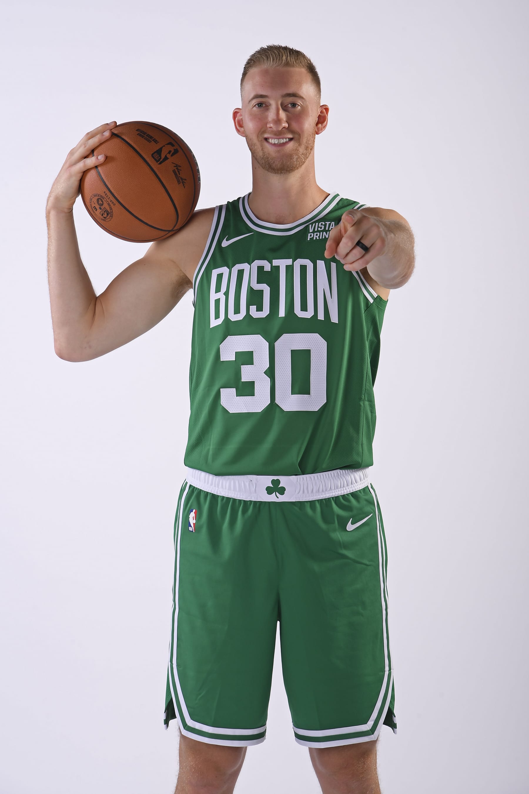 BOSTON, MA - OCTOBER 02: Sam Hauser #30 of the Boston Celtics poses for a portrait during 2023-24 NBA Media Day on October 2, 2023 at the TD Garden in Boston, Massachusetts. NOTE TO USER: User expressly acknowledges and agrees that, by downloading and or using this photograph, User is consenting to the terms and conditions of the Getty Images License Agreement. Mandatory Copyright Notice: Copyright 2023 NBAE  (Photo by Brian Babineau/NBAE via Getty Images)