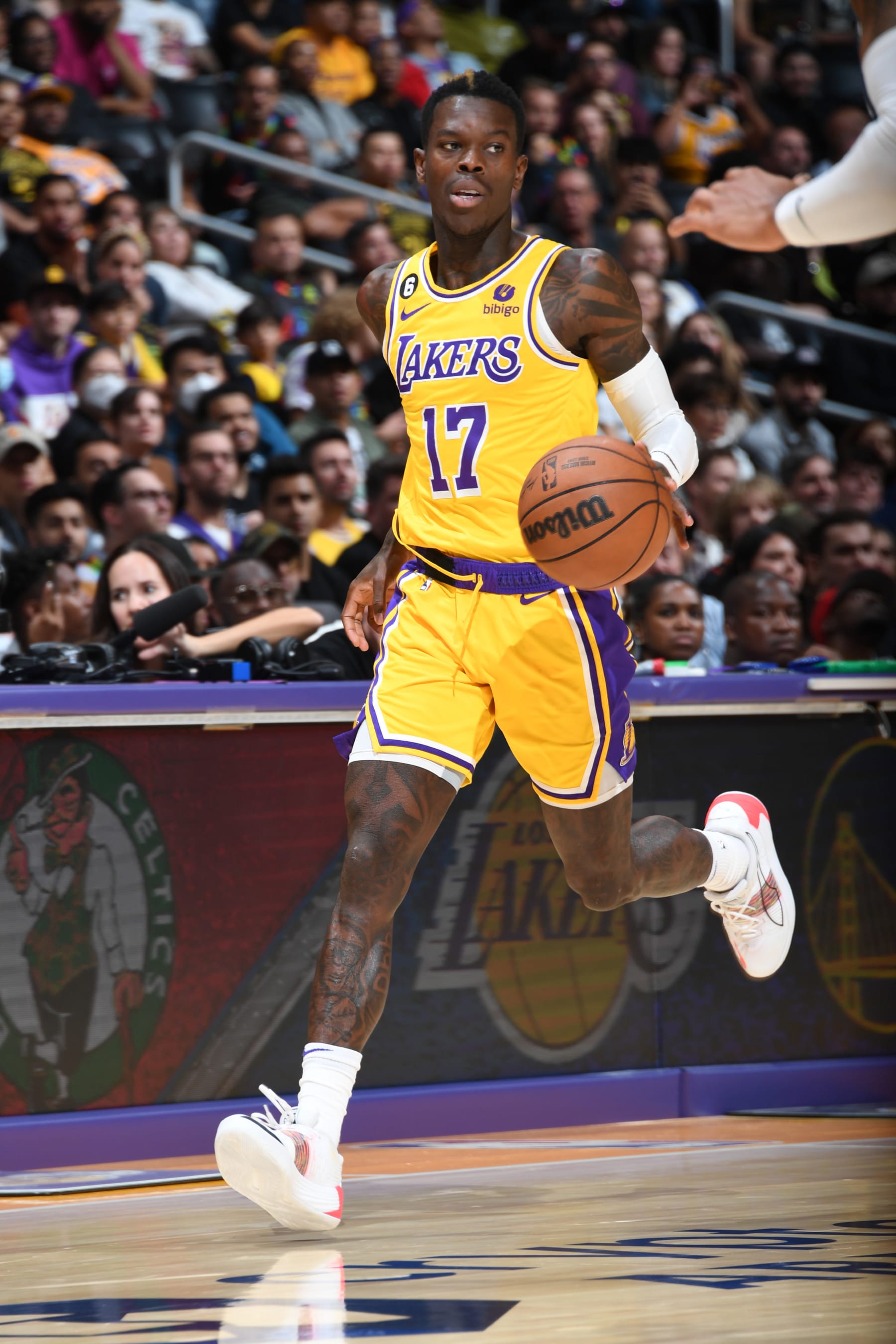 LOS ANGELES, CA - OCTOBER 12: Dennis Schroder #17 of the Los Angeles Lakers dribbles the ball during the game against the Minnesota Timberwolves on October 12, 2022 at Crypto.com Arena in Los Angeles, California. NOTE TO USER: User expressly acknowledges and agrees that, by downloading and/or using this Photograph, user is consenting to the terms and conditions of the Getty Images License Agreement. Mandatory Copyright Notice: Copyright 2022 NBAE (Photo by Andrew D. Bernstein/NBAE via Getty Images)