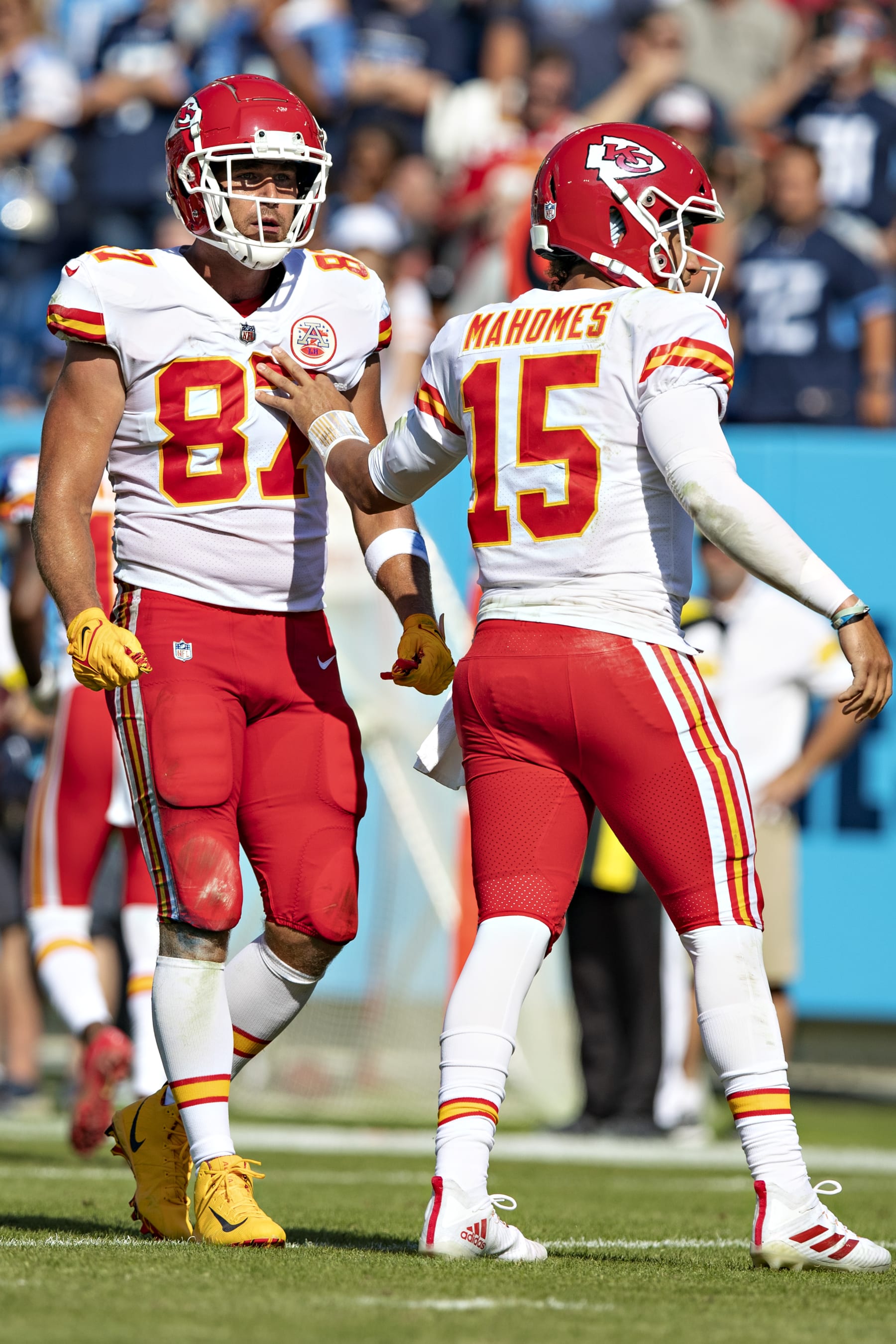 NASHVILLE, TENNESSEE - OCTOBER 24:  Patrick Mahomes #15 and Travis Kelce #87 of the Kansas City Chiefs reacts to a no interference call during a game against the Tennessee Titans at Nissan Stadium on October 24, 2021 in Nashville, Tennessee.  The Titans defeated the Chiefs 27-3.  (Photo by Wesley Hitt/Getty Images)