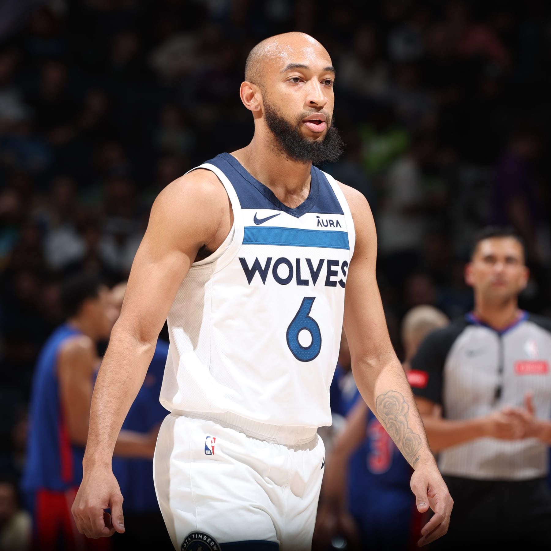 MINNEAPOLIS, MN -  MARCH 27:  Jordan McLaughlin #6 of the Minnesota Timberwolves looks on during the game against the Detroit Pistons on March 27, 2024 at Target Center in Minneapolis, Minnesota. NOTE TO USER: User expressly acknowledges and agrees that, by downloading and or using this Photograph, user is consenting to the terms and conditions of the Getty Images License Agreement. Mandatory Copyright Notice: Copyright 2024 NBAE (Photo by David Sherman/NBAE via Getty Images)