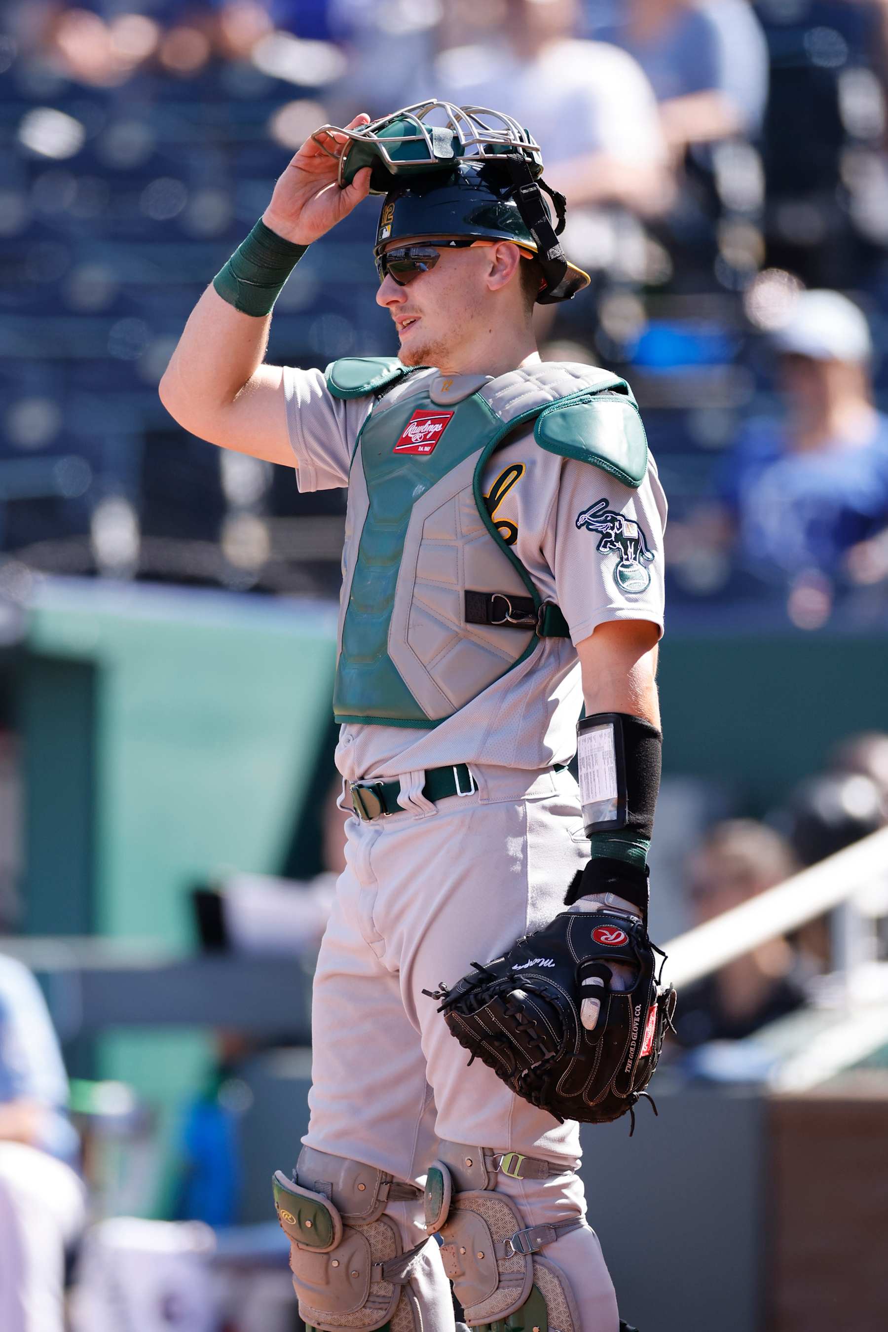 KANSAS CITY, MO - SEPTEMBER 16: Oakland Athletics catcher Sean Murphy (12) looks on during an MLB game against the Kansas City Royals on Sept. 16, 2021 at Kauffman Stadium in Kansas City, Mo. (Photo by Joe Robbins/Icon Sportswire via Getty Images)